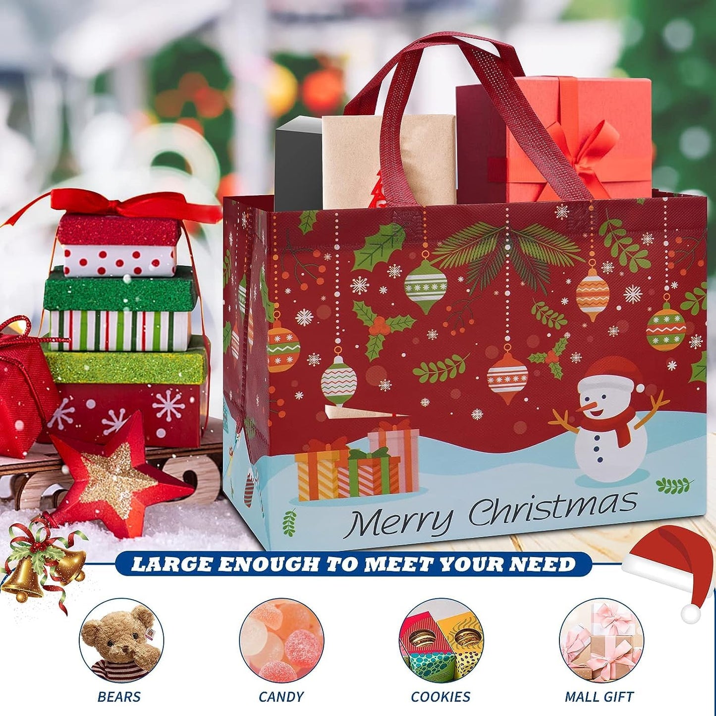 12 Pack Christmas Gift Bags Large Reusable Tote Bags, Non-Wove Bags for New Year's Shopping, Christmas Surprise, Xmas Party Supplies,12.8"×9.8"×6.7"