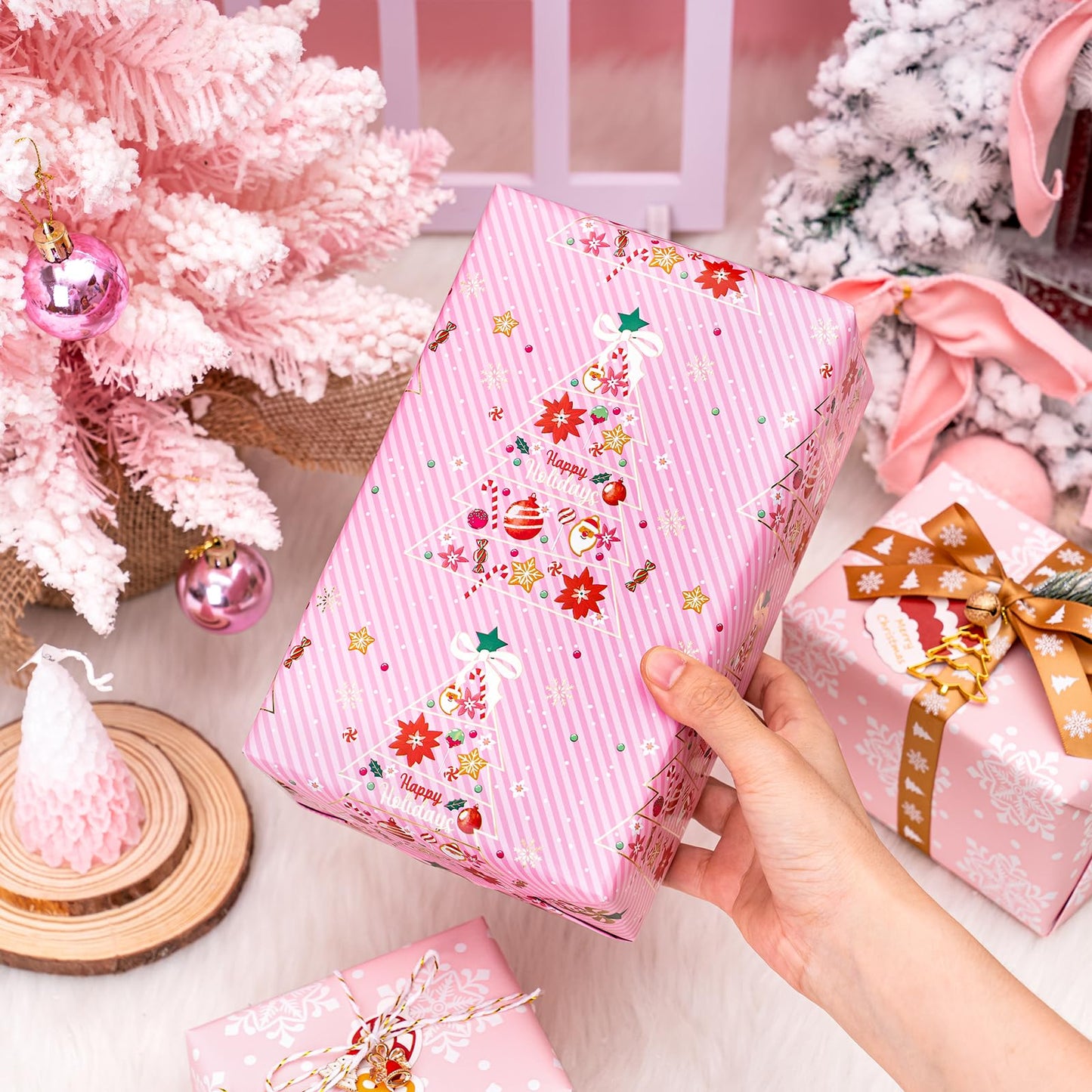 Reversible Pink Christmas Wrapping Paper - Mini Roll - 17 Inch x 33 Feet - Pink Christmas Tree Wrapping Paper and Snowflake Design for Holiday, Party Celebration