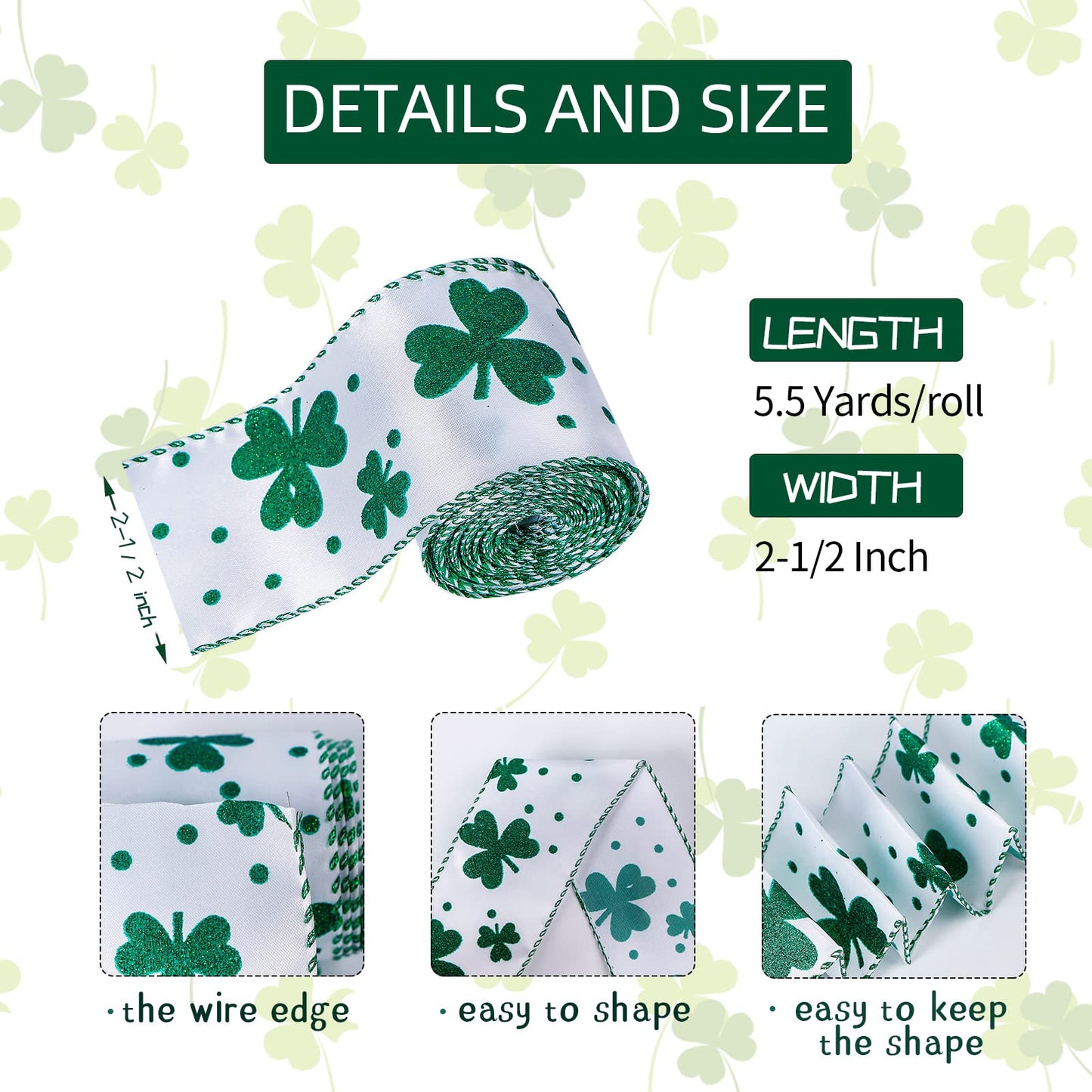 ST Patricks Day Shamrock Ribbon Clover Satin Wired Edge Ribbon (2-1/2" x 5.5 Yards)
