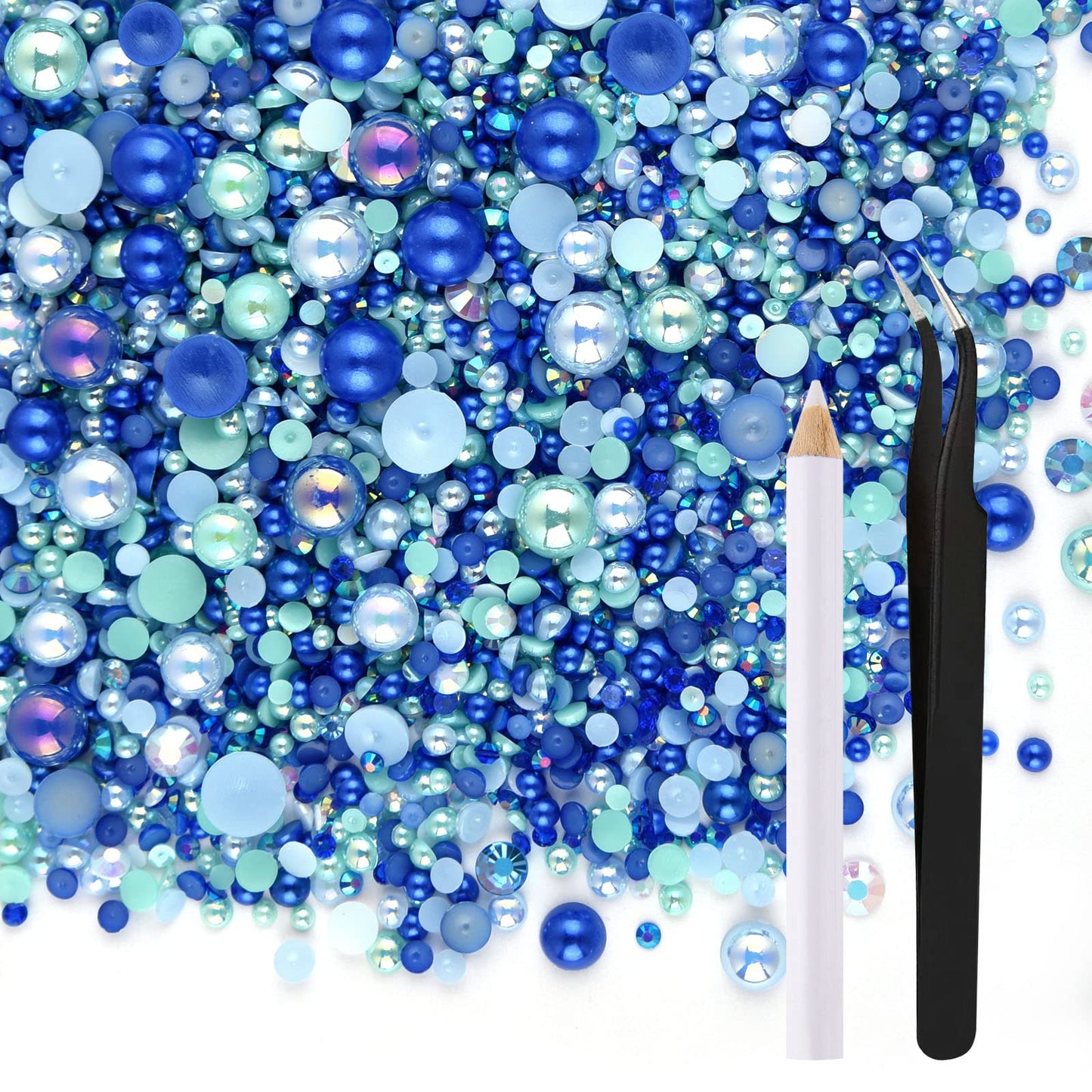 ASTARON 50g Mix Flatback Rhinestones Half Pearls for Crafts Mixed Size 3mm-10mm Flat Back Rhinestones for Crafts Flatback Pearls for DIY Tumblers Mugs Nail Art Shoes Clothes (Blue Series)