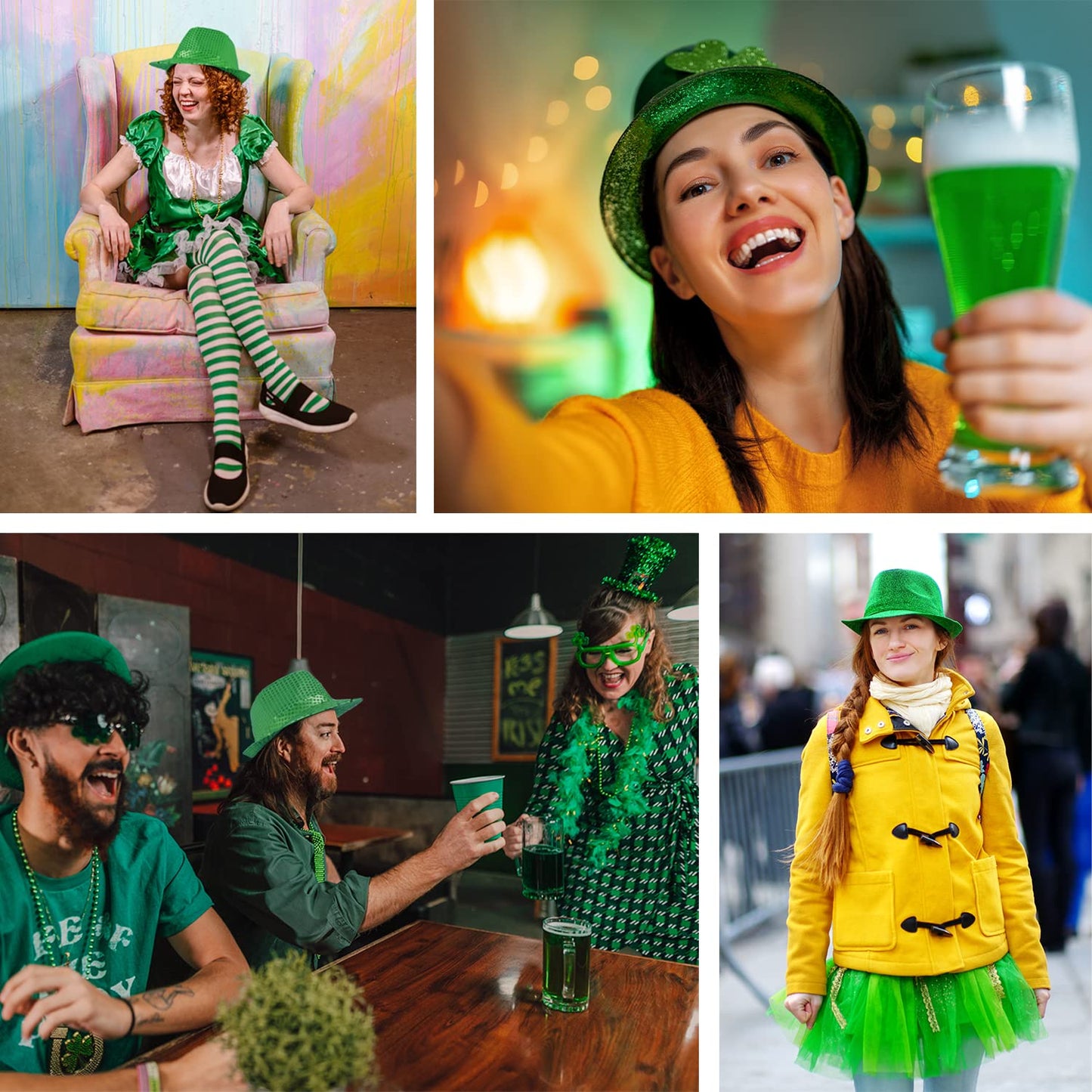 St. Patricks Day Irish Hat Green Sequin Fedoras Leprechaun Headwear Costume Cosplay Accessories Unisex Adults Funny Party Hats