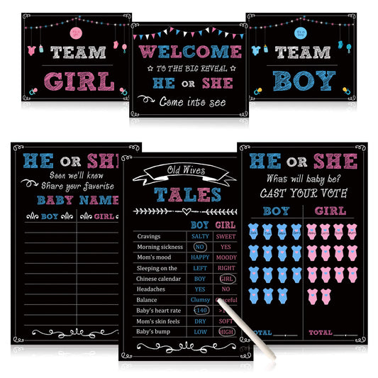 Baby Gender Reveal Party Supplies Kit, Photo Props Games Decorations,Boy or Girl, Includes 3 Game Posters (11x17), 3 Signs (8x10), 1 Erasable Marker, 48 Blue and Pink Voting Stickers