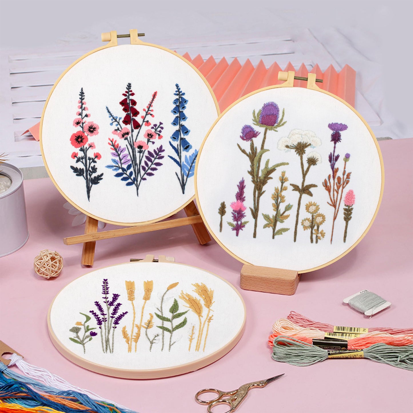 Maydear 4 Sets Embroidery Kit Punch Needle Kit,Embroidery Kit for Beginners Adults Cross Stitch Kits with Embroidery Hoop and Instructions, Hand Embroidery Starter Kit (Embroidery kit Flowers)
