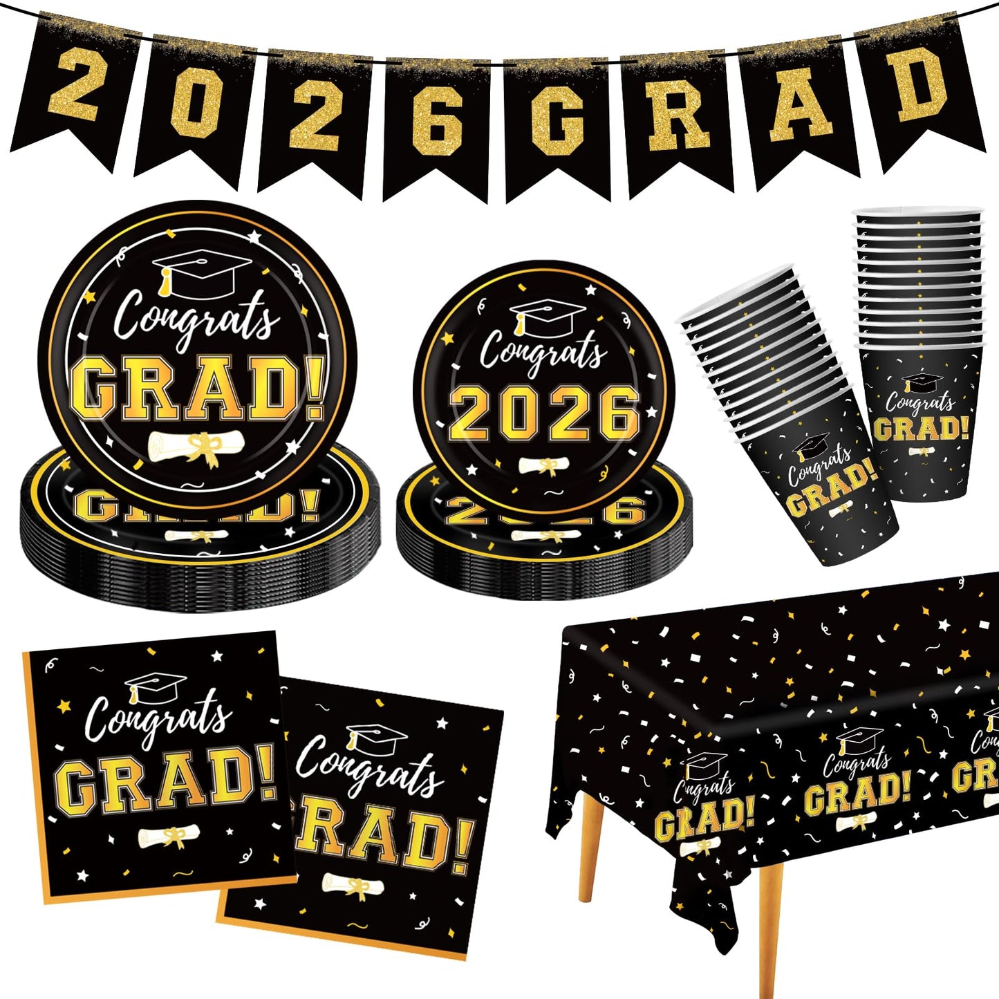 Graduation Decorations 2026 Disposable Black Graduation Tableware Kit for 25 Guests Plates Napkins Cups Tablecloth Hanging Graduation Party Decorations 2026