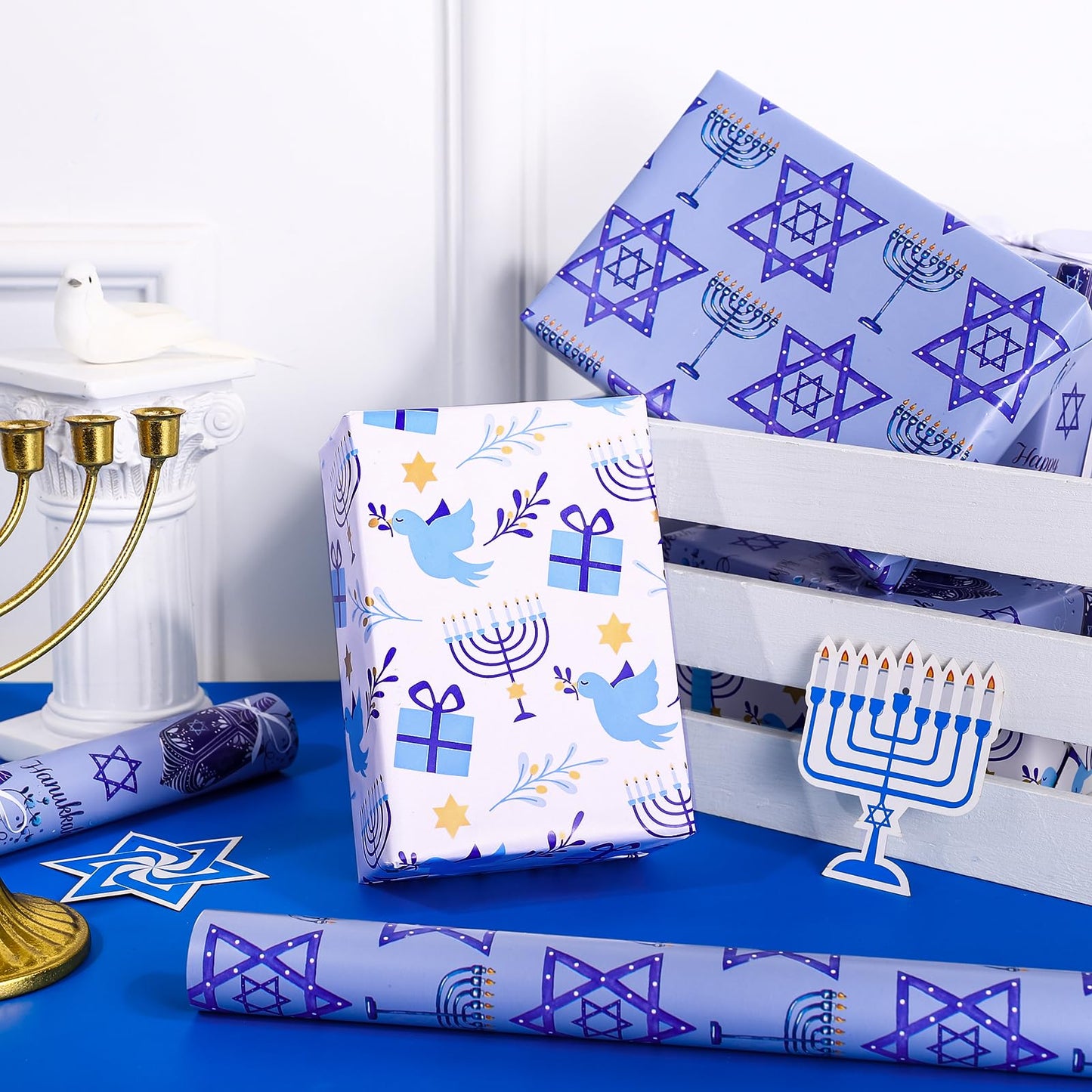 Hanukkah Wrapping Paper Roll - Mini Roll - 3 Rolls - 17 Inch x 120 Inch Per Roll - Menorah Lights, the Star of David and Dreidels Design
