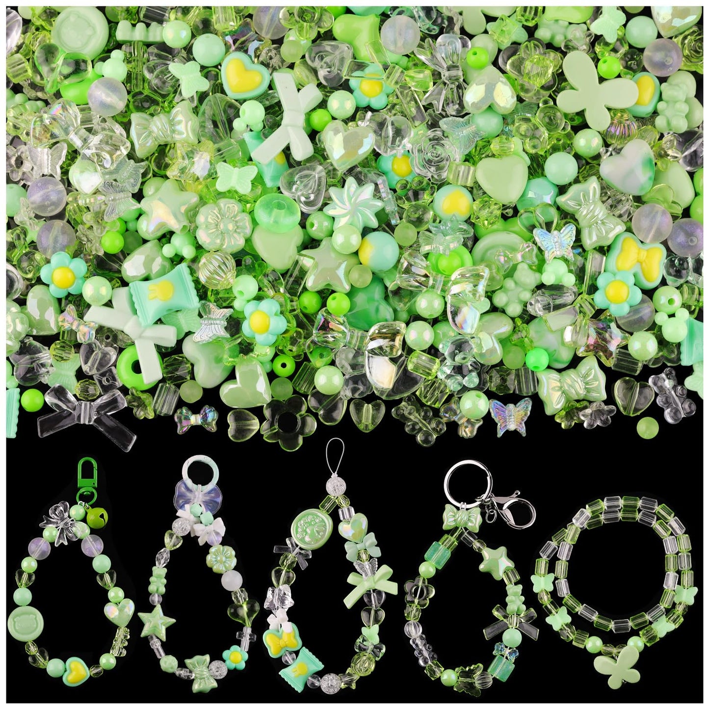 TINKRSTUFF Assorted 170-230PCS Green Acrylic Beads for Bracelet Making, Flower Bow Butterfly Candy GummyBear Aesthetic Bracelet Charms,Cute Beads for Jewelry Making DIY Necklace Keychain Phone Charm