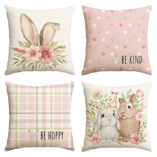 AVOIN colorlife Easter Rabbit Flower Buffalo Plaid Be Hoppy Throw Pillow Cover, 18 x 18 Inch Polka Dot Bird Be Kind Cushion Case Decoration for Sofa Couch Set of 4