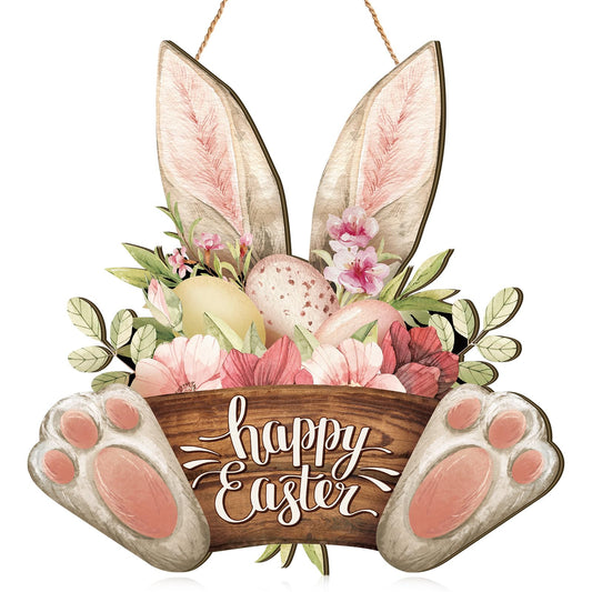 1 Pcs Easter Wreaths for Front Door Bunny Welcome Wood Sign Door Hanger Spring Decorations Easter Hanging Plaque Rabbit Sign Decorations for Home Shop Garden (11.81 Inch)