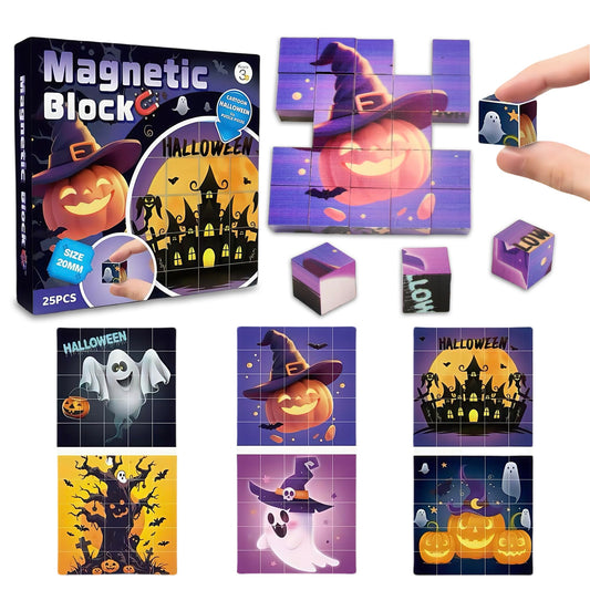 Magnetic Blocks Building Toy,Ritastar 25pcs Mine Stacking Magnet Build Cubes Cartoon Pattern World,STEM Sensory Construction Toys for Kids Gift,Educational Jigsaw Puzzle Set with 3D Halloween Designs