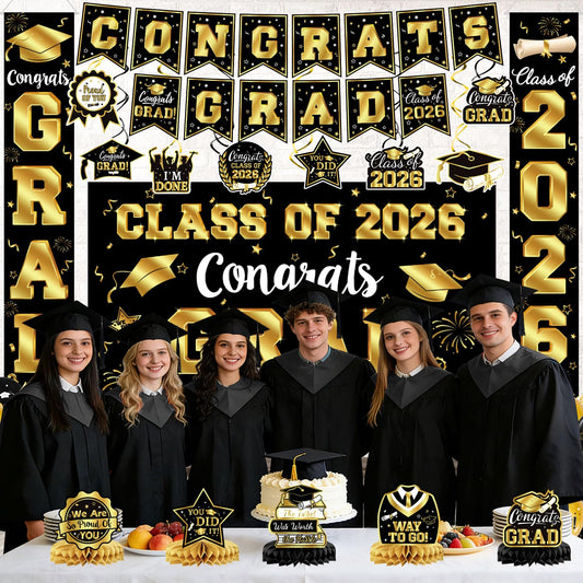 2026 Graduation Decorations - Black and Gold Graduation Decorations Set Congrats Grad Banner & Backdrop, Porch Sign, Hanging Swirls, Balloons, Honeycomb Centerpieces for Congrats Grad Party Decorations