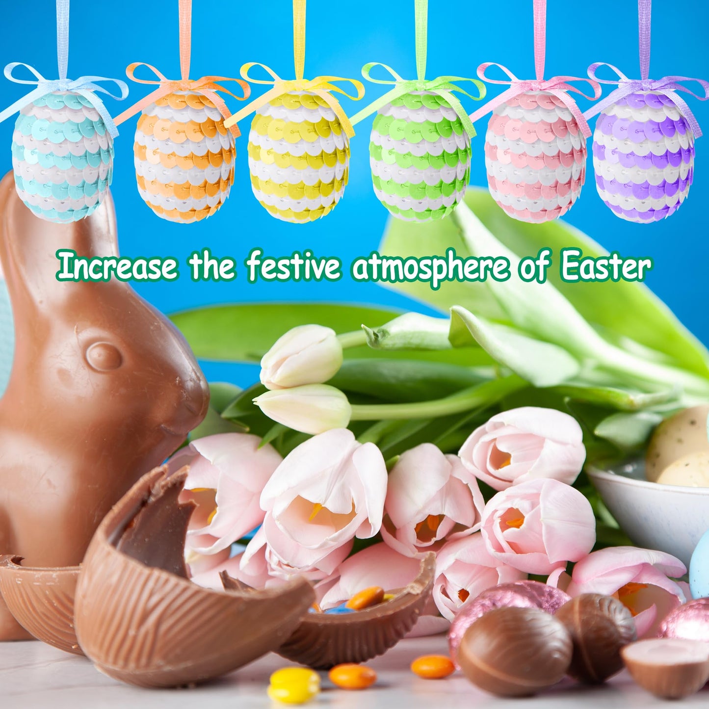 30 Pcs Easter Hanging Sequin Eggs- 1.6" Stripes Easter Eggs Ornaments with Bow- Glitter Easter Decorations Eggs Tree Ornaments for Party Birthday Home Garden Decoration