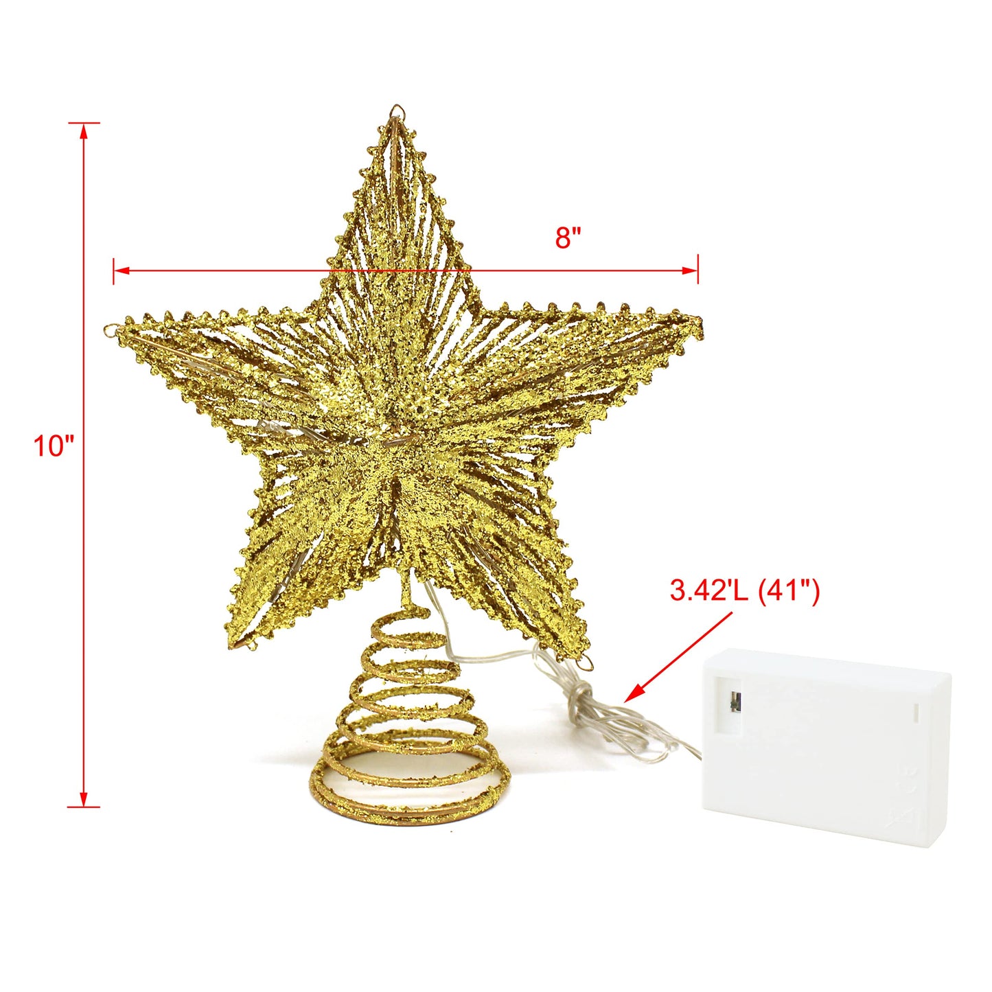 CVHOMEDECO. Gold Glittered 3D Tree Top Star with Warm White LED Lights and Timer for Christmas Tree Decoration and Holiday Seasonal Décor, 8 x 10 Inch