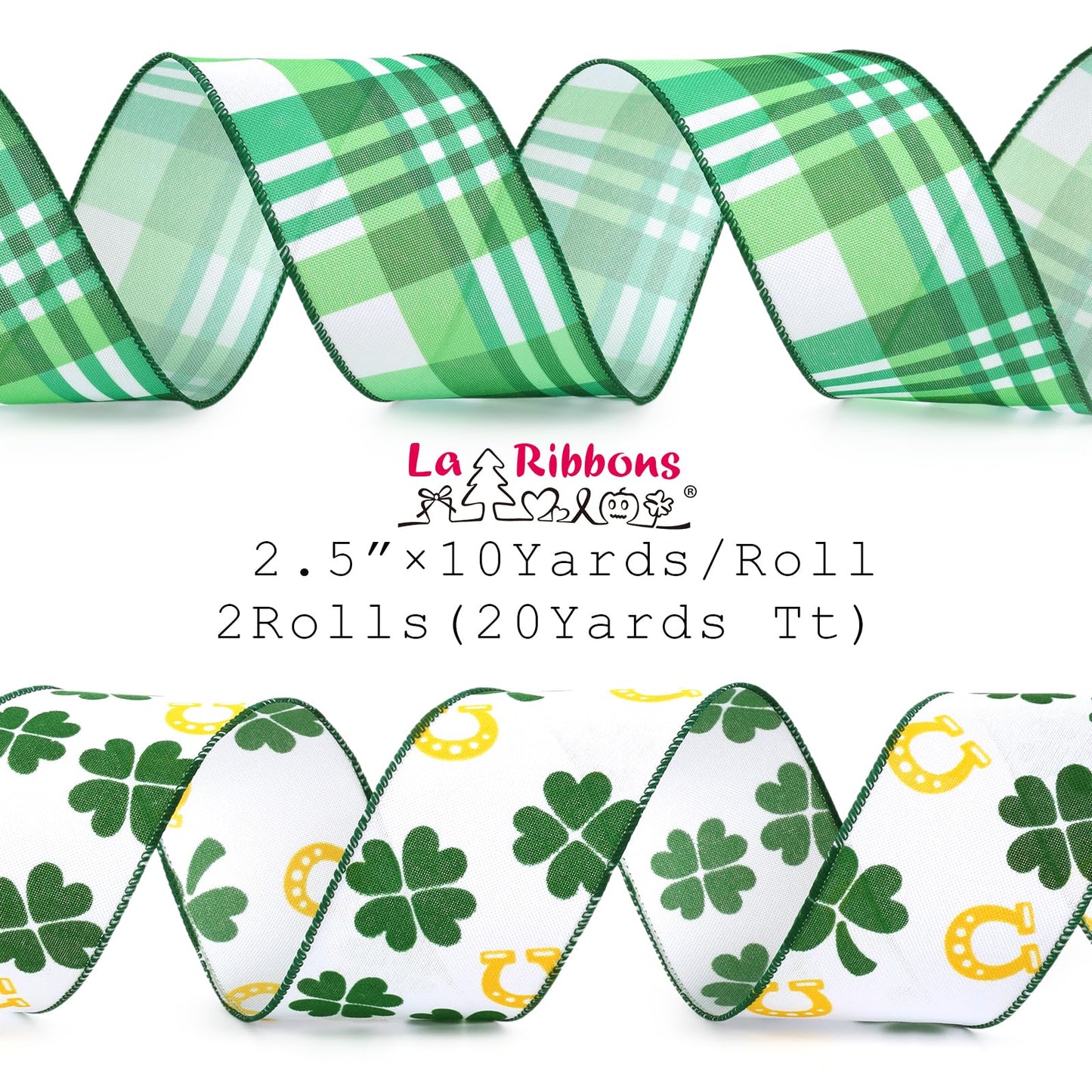 St Patricks Day Ribbon Wired 2 Rolls 2.5 Inch x 20 Yards Tt, Glitter Shamrock Green and White Plaid Ribbon for Crafts Supplies Wreath Bow Making DIY