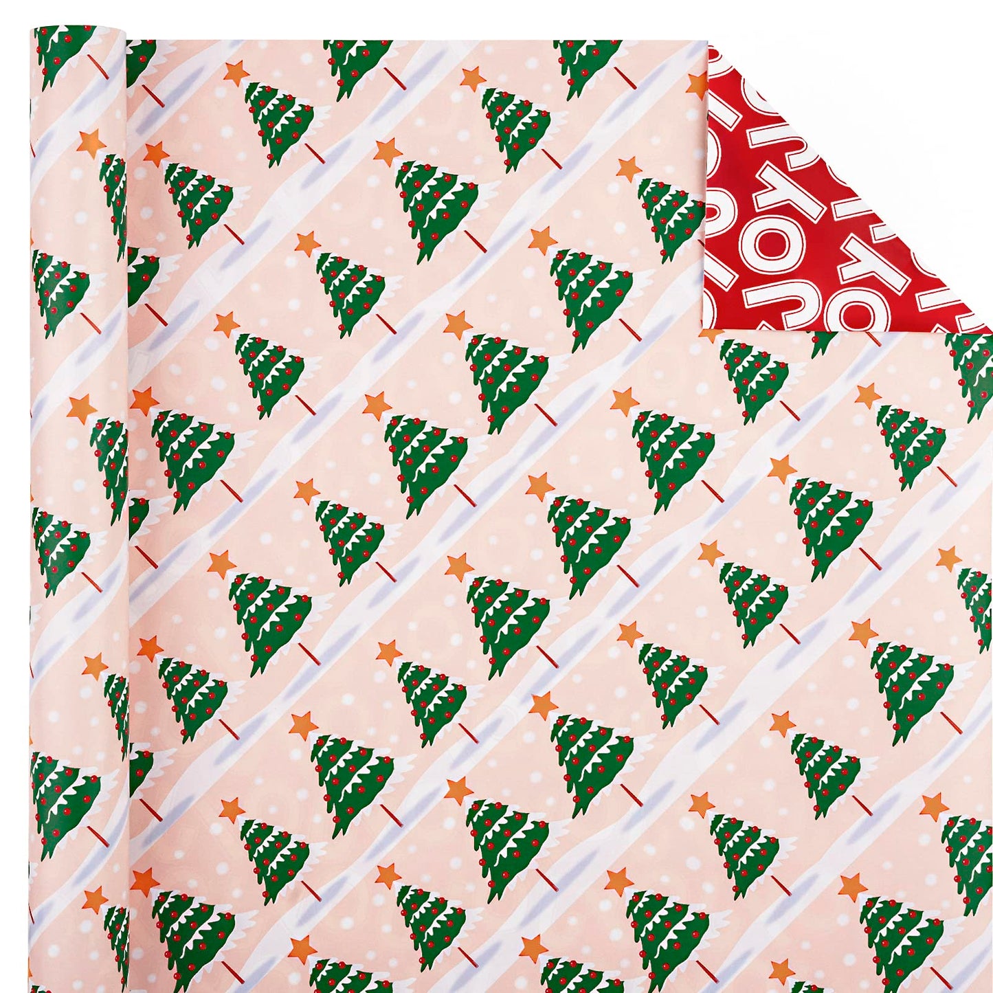 Reversible Christmas Wrapping Paper - Mini Roll - 17 Inch x 33 Feet - Christmas Tree Wrapping Paper with Joy Lettering Perfect for Holiday, Party, Celebration