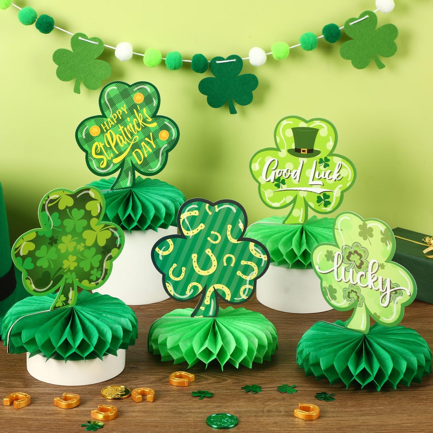 DTOFOOT St Patricks Day Table Decoration 10 Pack Shamrock Honeycomb Centerpieces for Table Irish Clover Table Topper Decor St. Patrick's Day Irish Holiday Party Favor Supplies