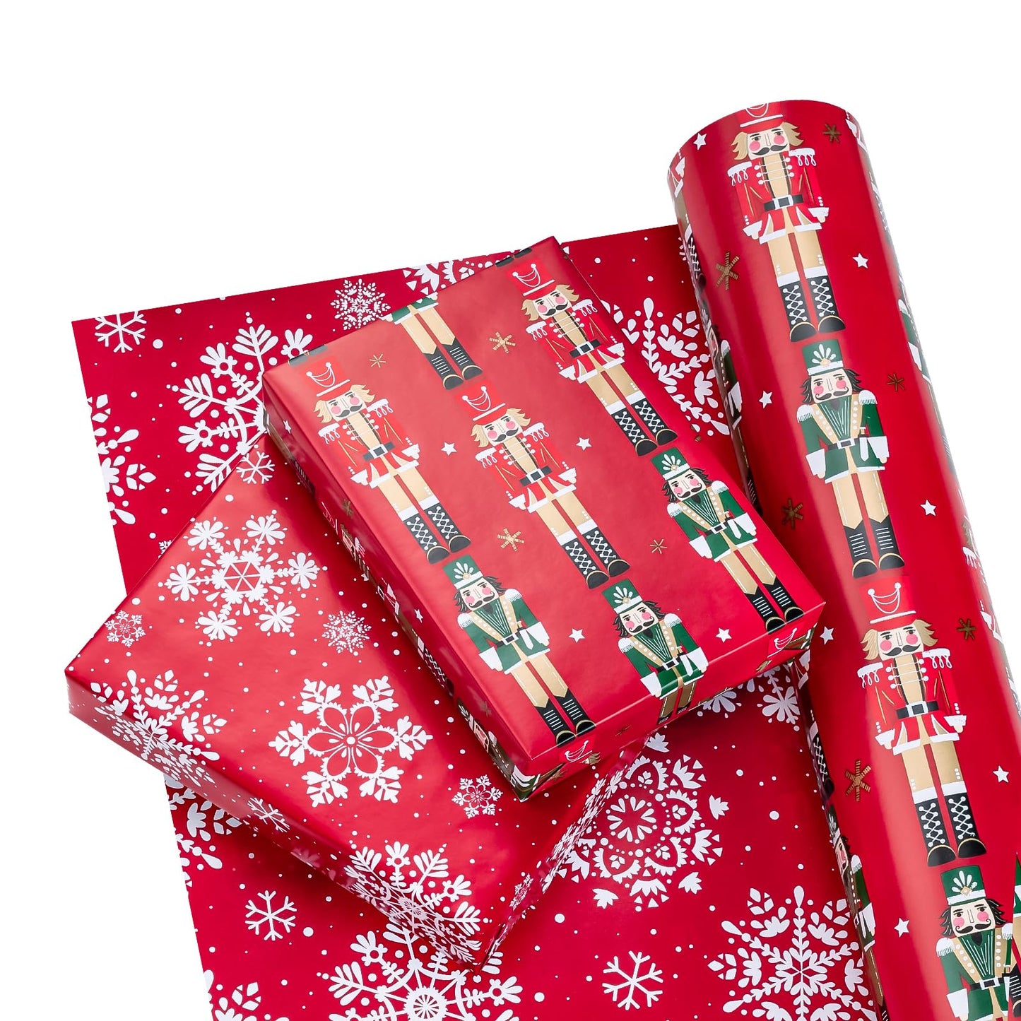 30 Inch Jumbo Reversible Nutcracker Christmas Wrapping Paper - 30 Inch x 33 Feet - Red Nutcracker and Snowflake Wrapping Paper for Christmas, Holiday, Party