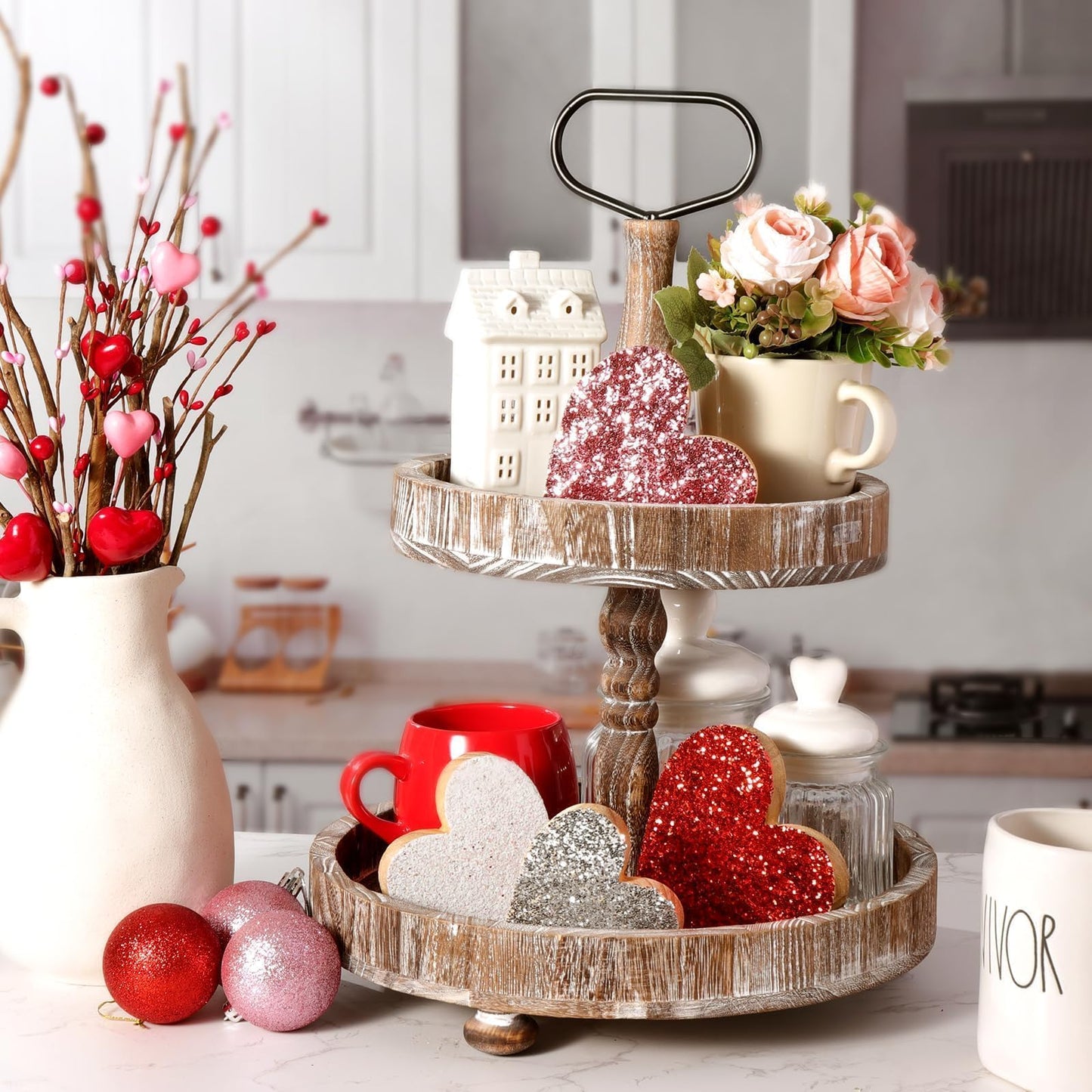 Valentines Day Decor Decorations: 4pcs Glitter Wood Heart Table Signs Tiered Tray Decor, Sparkle Galentines Decoration for Home Office Mantel Centerpieces Gifts