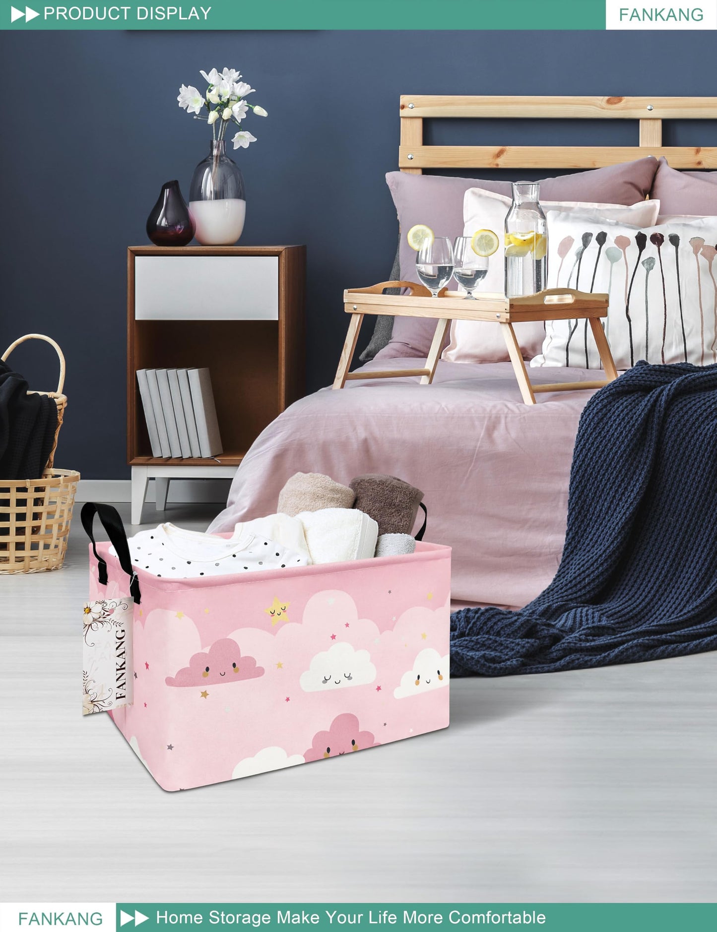 Storage Bins, Nursery Hamper Canvas Laundry Basket Foldable with Waterproof PE Coating Large Storage Baskets for Kids Boys and Girls, Office, Bedroom, Clothes,Toys(Rec-pink cloud ）