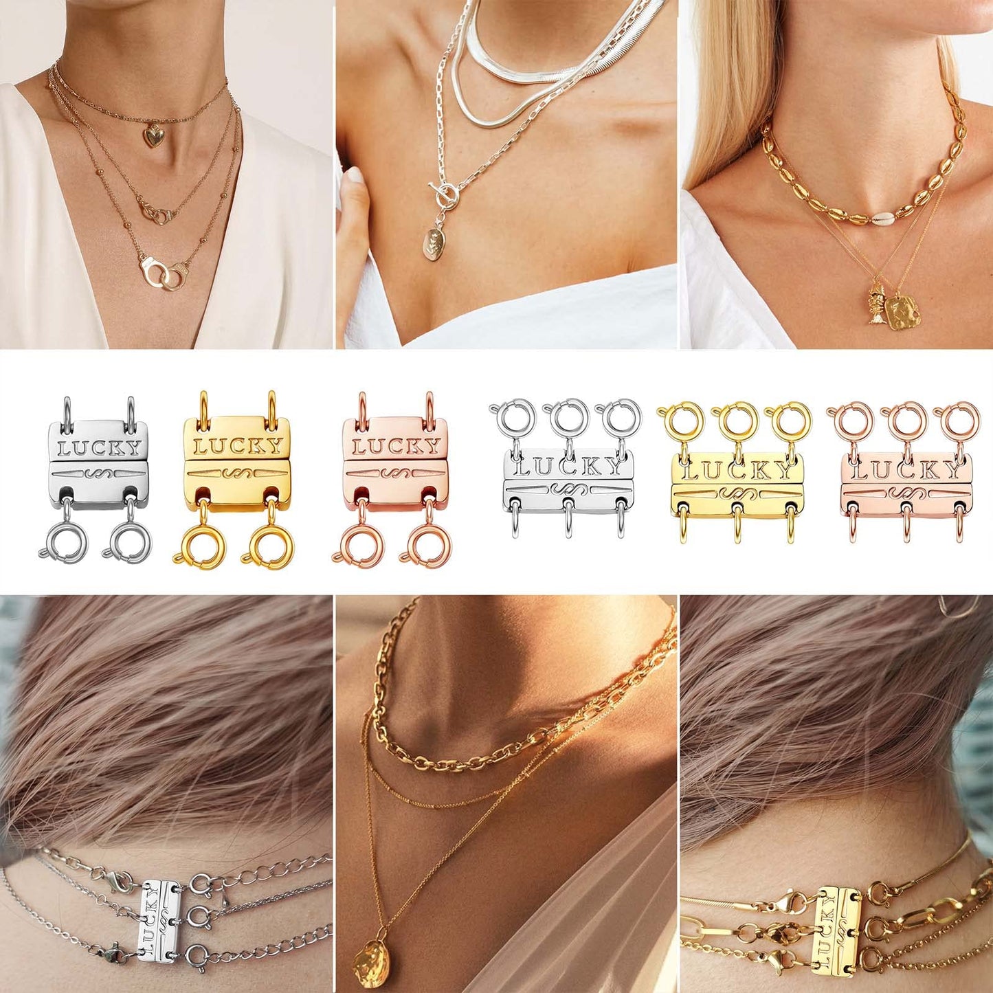 Dailyacc Lucky Necklace Layering Clasp 18K Gold and Silver Multiple Necklace Clasps for Layered Look Separator