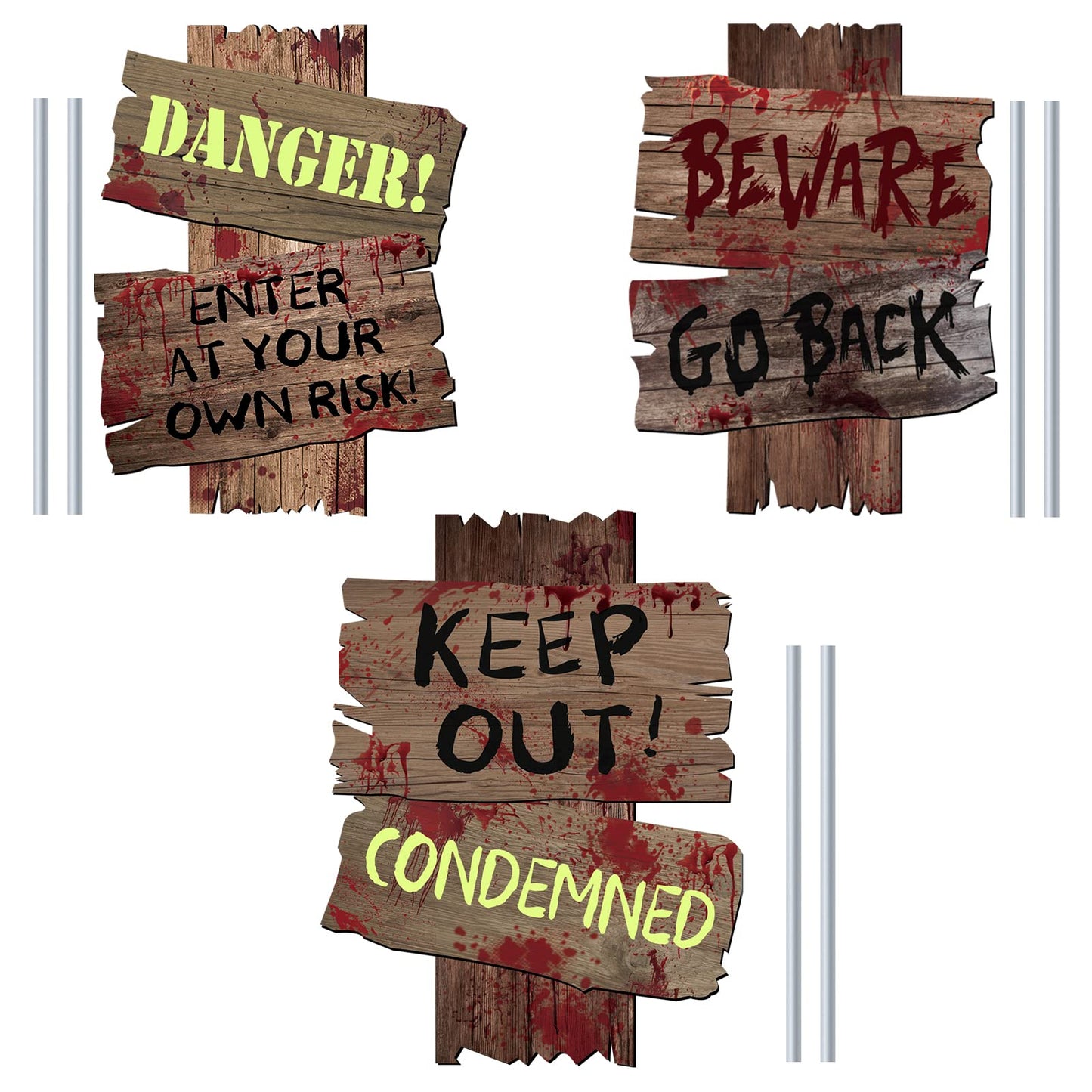 GABOSS Halloween Decorations Beware Signs Yard Stakes Outdoor Creepy Assorted Warning Sign,Scary Zombie Theme Party Decor Supplies,3 Pieces,12 Inch x 9 Inch