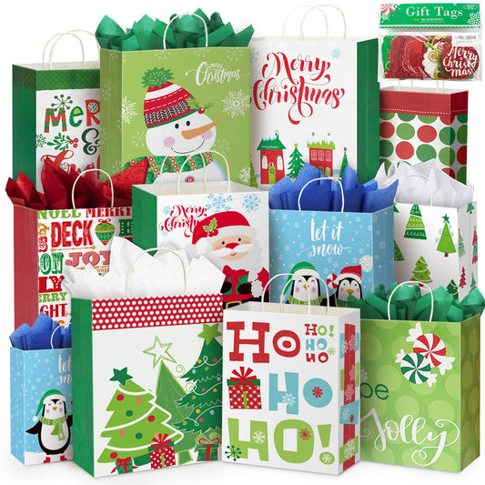 Party Funny 24 White Kraft Christmas Gift Bags Assorted Sizes with 60-Count Christmas Gift Tags(Bulk Set,6 XL,6 Large,6 Medium,6 Small)
