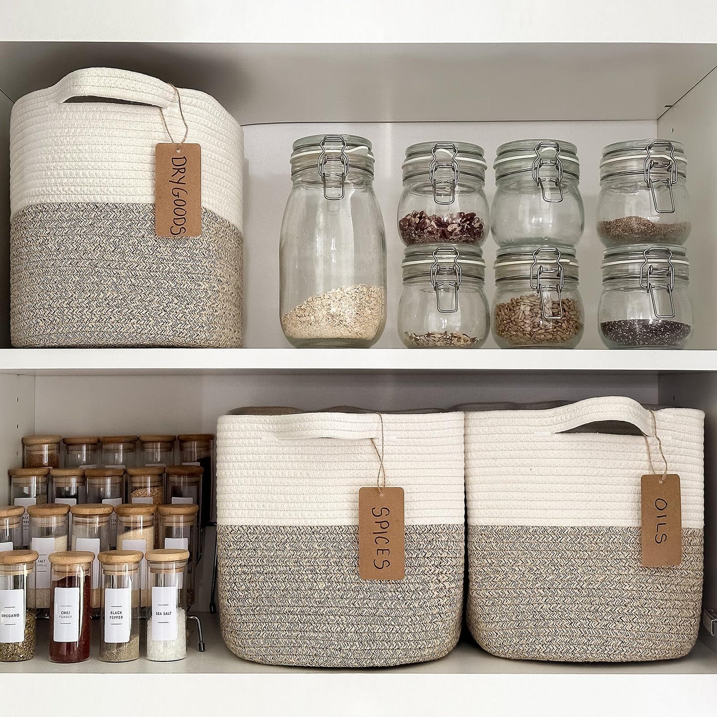 Goodpick Woven Storage Basket for Shelves, Cotton Rope Dog Toy Bin, Empty Gift Basket with Handles, Square Baskets for Storage, Brown and White Storage Bin, 13 x 10 x 9 Inches