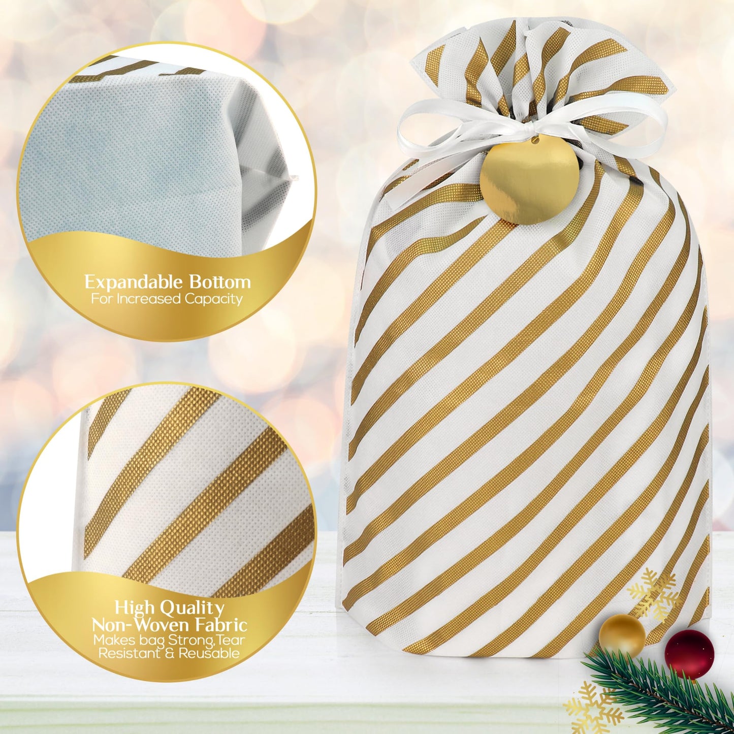 Fabric Gift Bags for Presents - 6 Pcs Reusable Bags with Drawstring, Large Gift Bags for Christmas, Assorted Sizes (Gold)