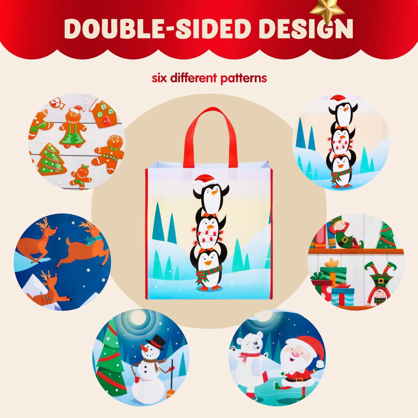 12 PCS Christmas Large Gift Bags with Handles 13.75" x 14", Non-Woven Tote Bag for Wrapping Xmas Party Favors, Reusable Grocery Bags, Party Supplies