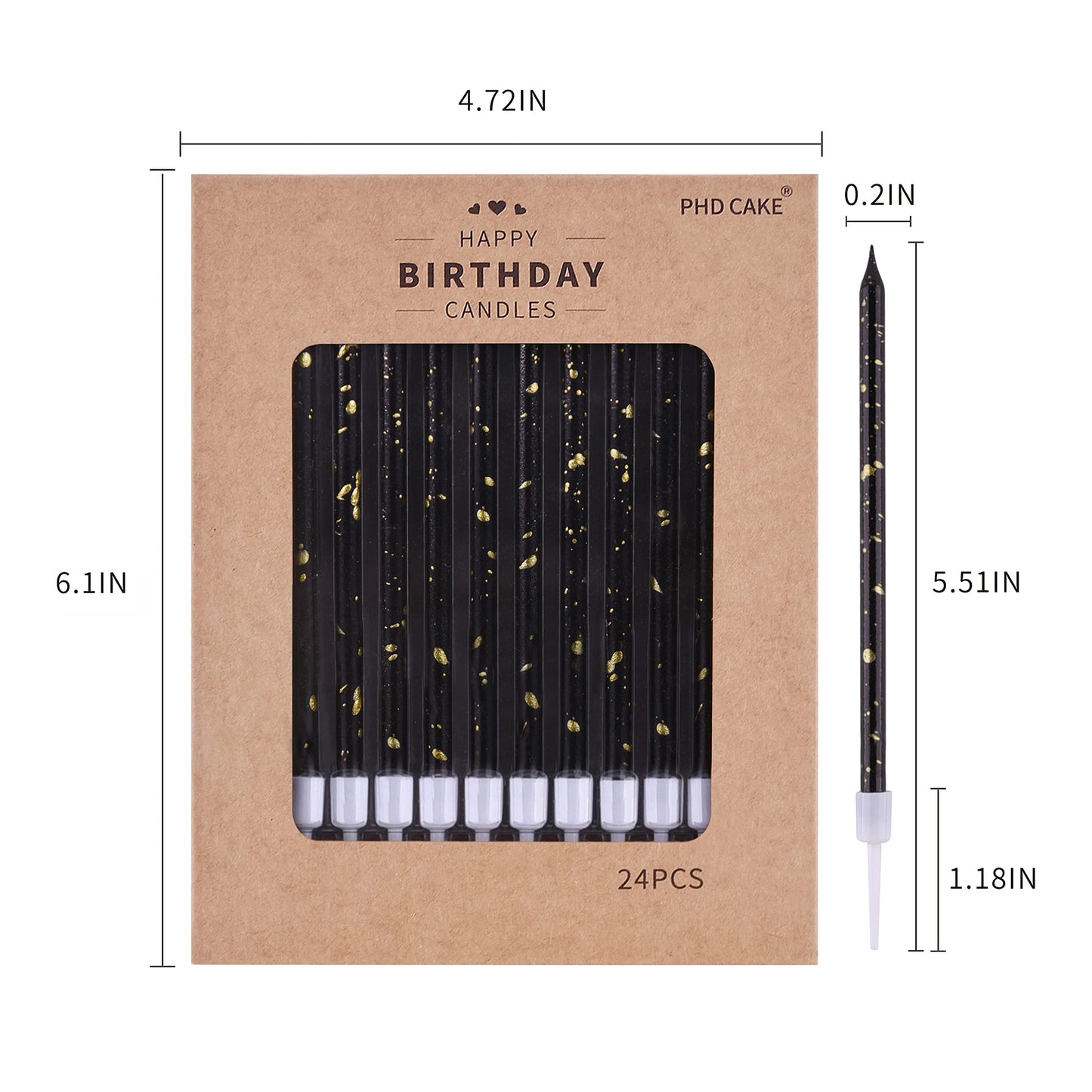 PHD CAKE Black Gold Long Thin Birthday Candles, Cake Candles, Birthday Parties, Wedding Decorations, Party Candles, Elegant Candles