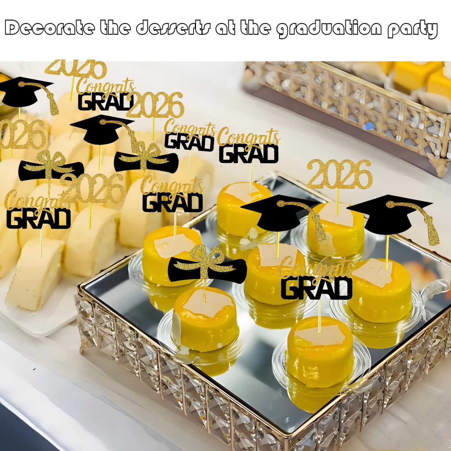 YuBoBo 2026 Graduation Cupcake Toppers, 48 PCS Food/Appetizer Picks For Graduation Party Mini Cake Decorations, Diploma, 2026, Grad Cap Set 48 Pieces (01 Gold)