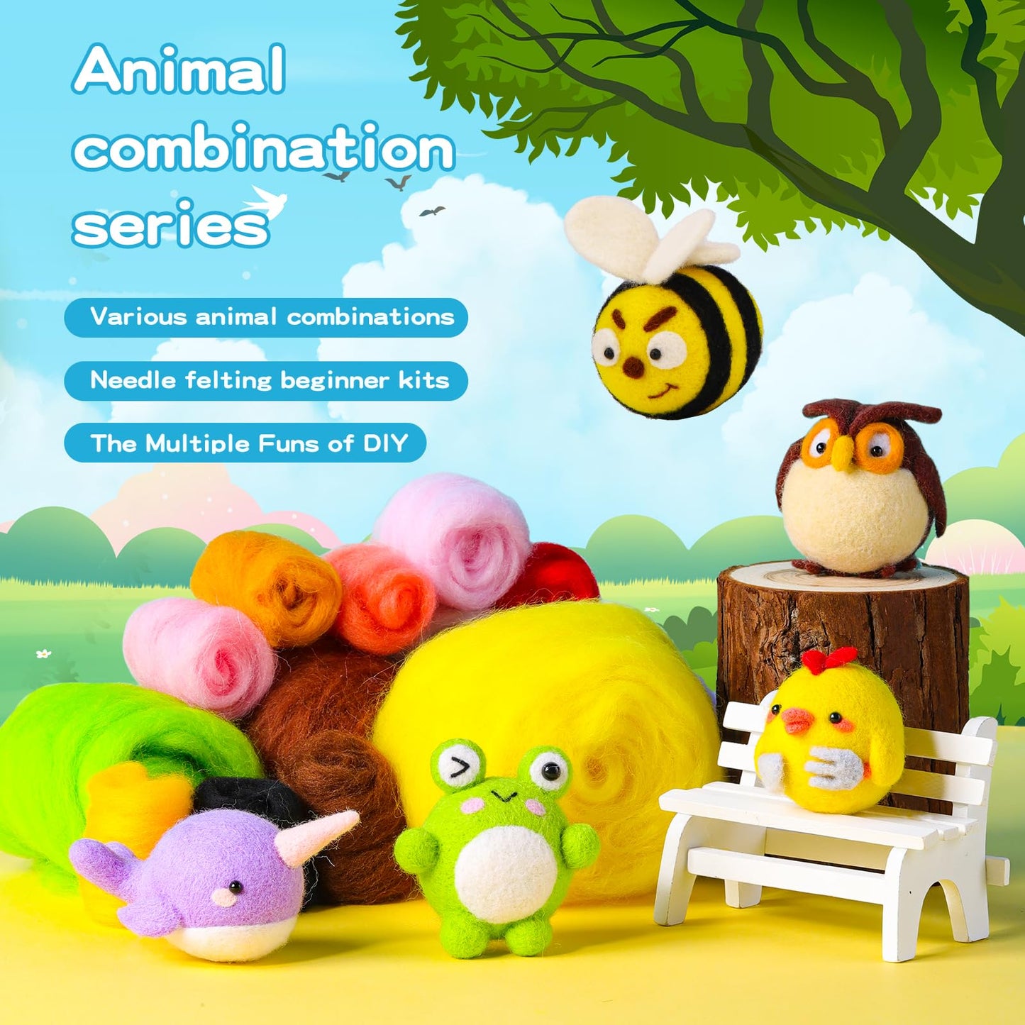 Needle Felting Kit, 5 PCS Animal Felting Kits for Beginners Adults, Wool Felting Kit Including Wool Roving, Foam Pad, Felting Needles and Instructions for DIY Felting Starters