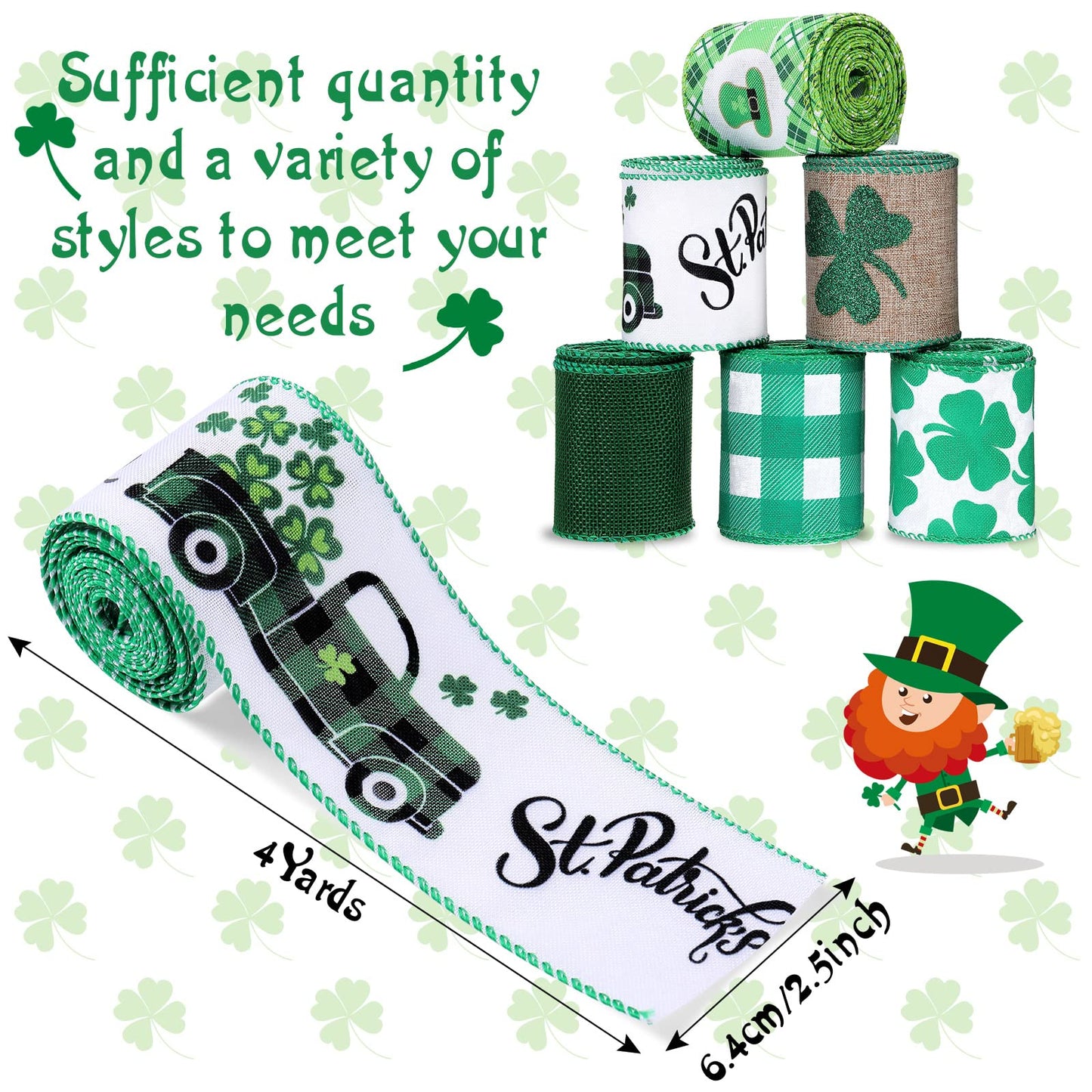 6 Rolls St. Patrick's Day Ribbon 2.5 Inch x 24 Yards Shamrocks Wired Edge Ribbon Green Clover Grosgrain Fabric Ribbons for St Patricks Day Gift Wrapping Wreath DIY Craft Hair Bow and Sewing