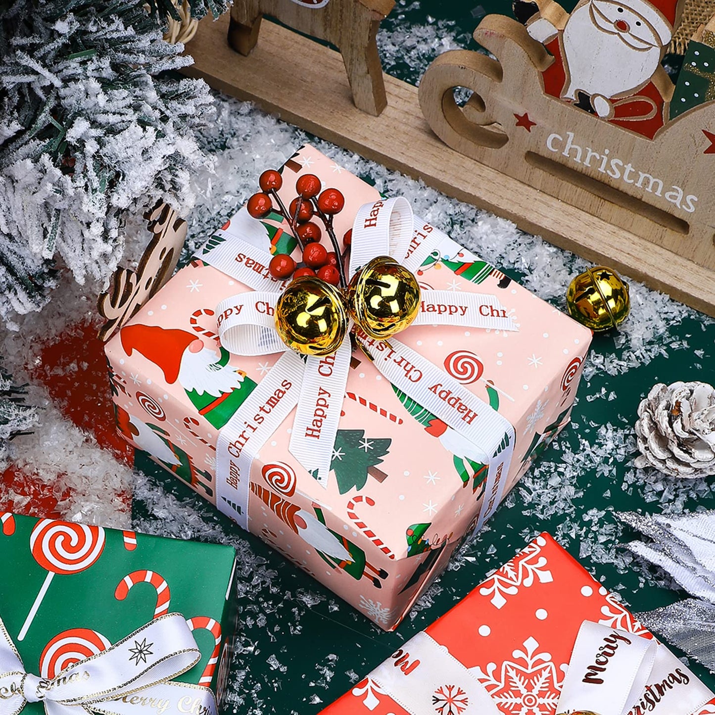 Reversible Gnome Christmas Wrapping Paper - Mini Roll - 17 Inch x 33 Feet - RRed Green Gnome Wrapping Paper and Pink White Polka Dots for Christmas, Holiday, Party