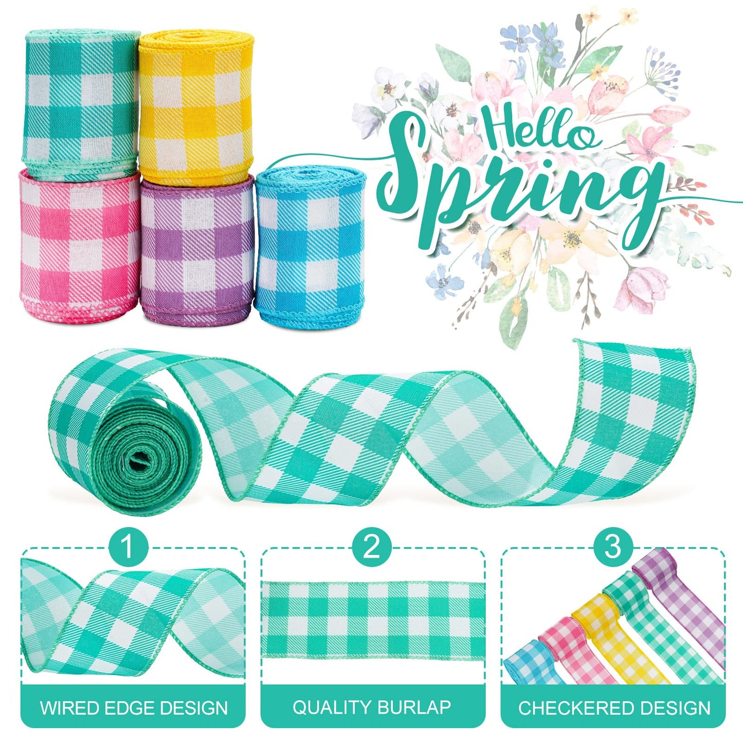 Colored Wired Edge Ribbon 30 Yards Spring Pastel Gingham Patterned Ribbon Colorful Buffalo Plaids Craft Fabric Ribbon for Gift Wreath Bow Making DIY Crafts Wrapping Supplies, 5 Rolls