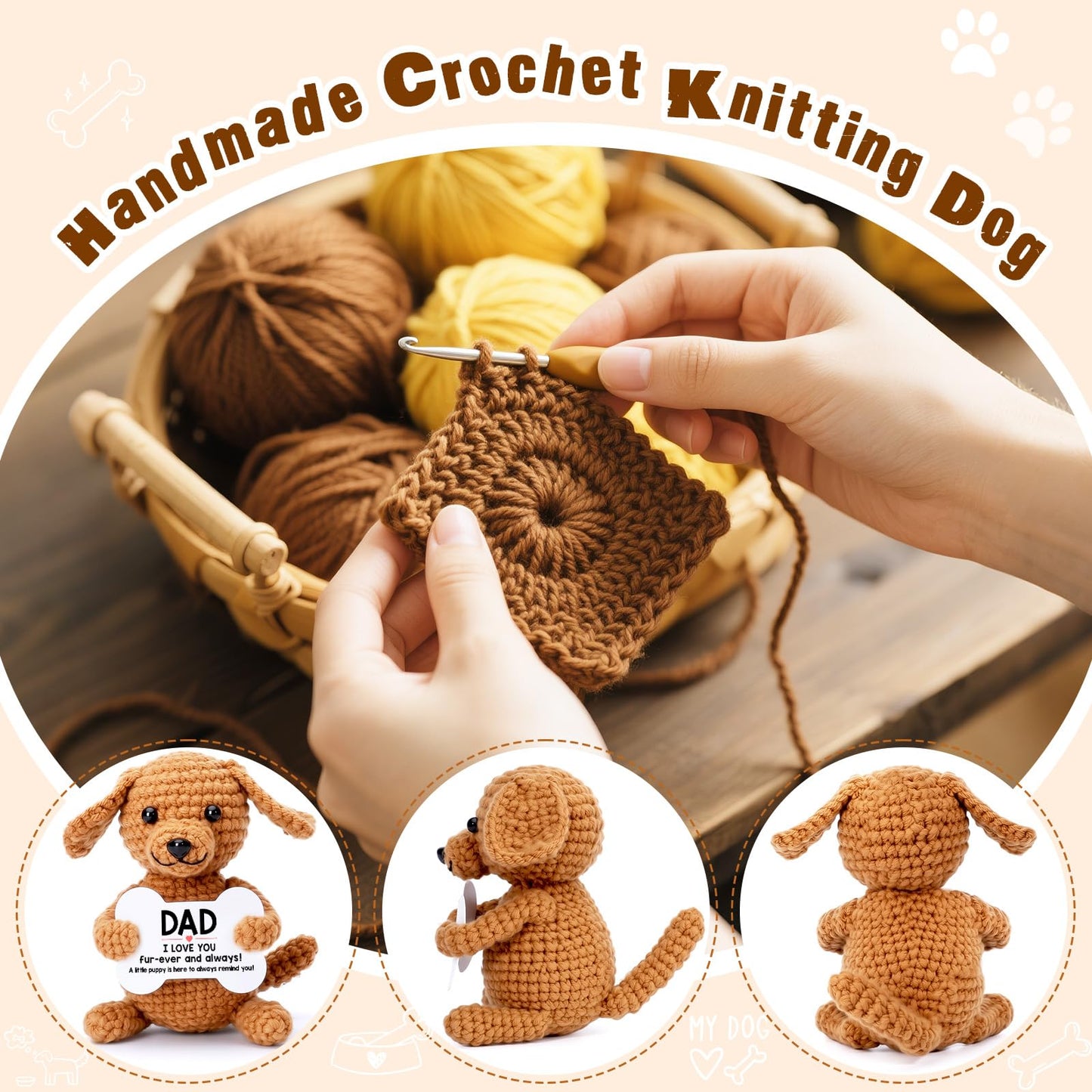 Funny Fathers Day Dad Gifts from Daughter Son, First New Bonus Step Dad Father’s Day Birthday Gifts from Kids Wife, Personalized Unique Daddy Presents Cool Stuff Cute Things, Small Happy Crochet Dog