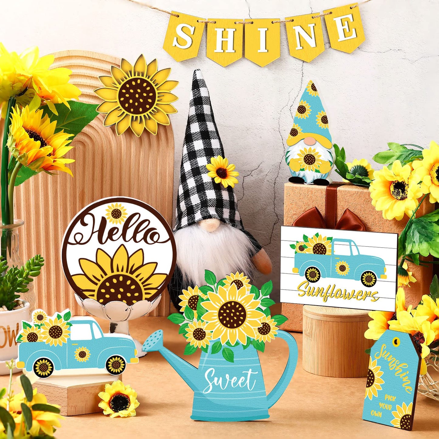 12 Pcs Sunflower Tiered Tray Decor Wooden Summer Tiered Tray Items Truck Gnomes Trays Signs Spring Summer Fall Tabletop Signs for Home Farmhouse Rustic Kitchen Decorations (Sunflower)