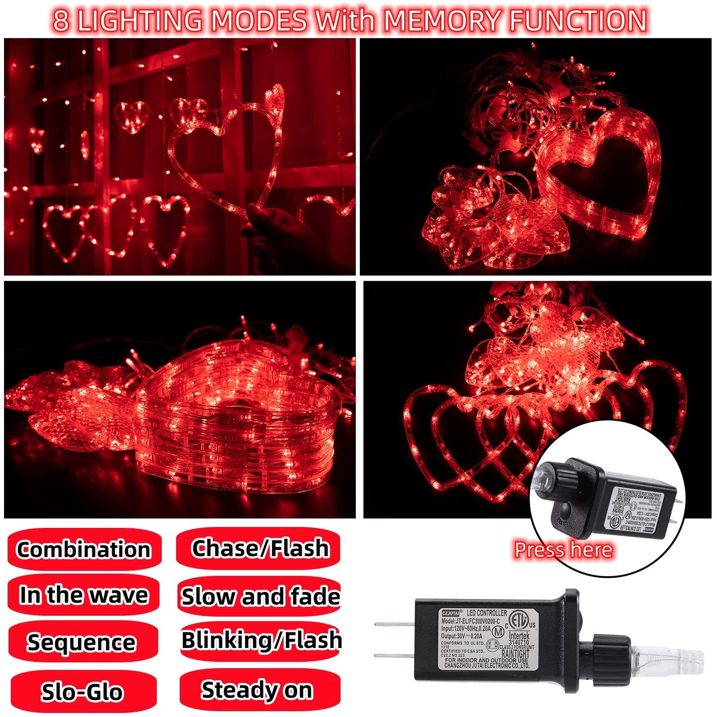 Valentines Day Decor Lights,138 LED 12-Heart-Shaped String Lights Waterproof,8 Modes Connetable 29V Plug in Curtain Lights for Kids Bedroom Wedding Party Valentines Day Decoration (Red)