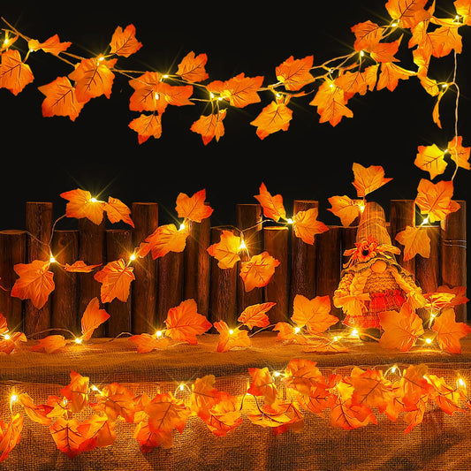 Hopolon 2Pack Fall Decorations for Home,Thanksgiving Lighted Fall Garland,Total 20Ft 40LED Maple Leaves String Lights,Battery Operated Fall Lights for Indoor Halloween Home Autumn Harvest Decor