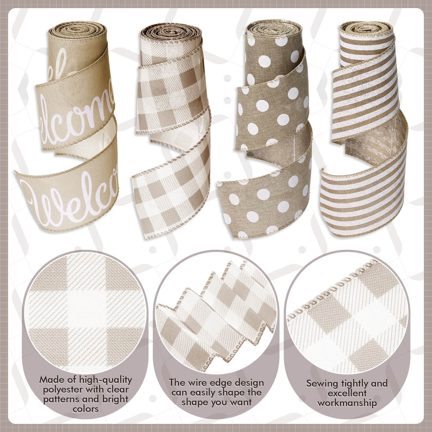 20 Yards Farmhouse Ribbon 4 Rolls Welcome Stripe Dot Buffalo Plaid Wired Ribbon Rustic Polyester for Summer Wreaths Assorted DIY Present Wrapping Floral Bow Craft Deco(Natural)