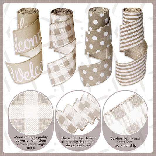 20 Yards Farmhouse Ribbon 4 Rolls Welcome Stripe Dot Buffalo Plaid Wired Ribbon Rustic Polyester for Summer Wreaths Assorted DIY Present Wrapping Floral Bow Craft Deco(Natural)