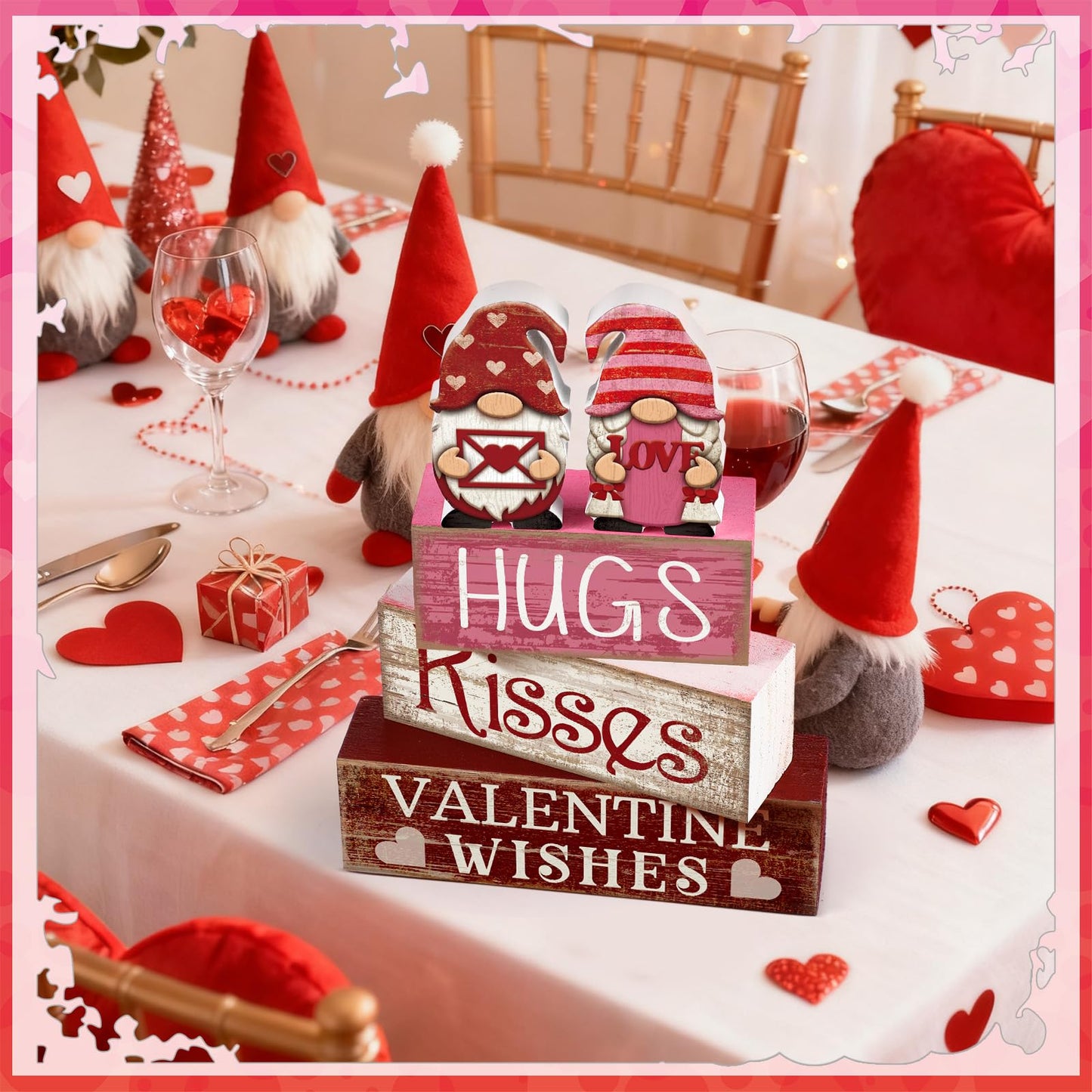 4 Pcs Valentine Day Table Decoration Pink Gnomes Valentine Centerpiece Valentine's Day Tiered Tray Decor Rustic Wooden Gnomes Heart Block Signs Red Pink White Valentines Decor for Home