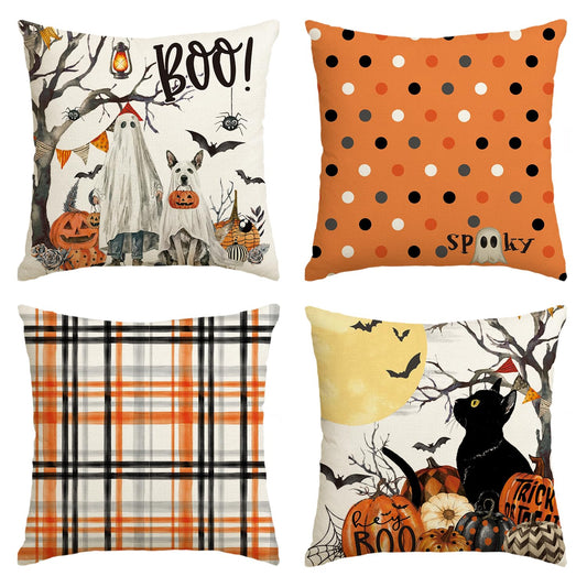 Halloween Pillow Cover, Halloween Boo Dead Tree Ghost Spooky Dog Polka Dots Throw Pillow Covers, 18 x 18 Inch Cat Moon Pumpkin Bat Plaid Cushion Case Decoration for Sofa Couch Set of 4