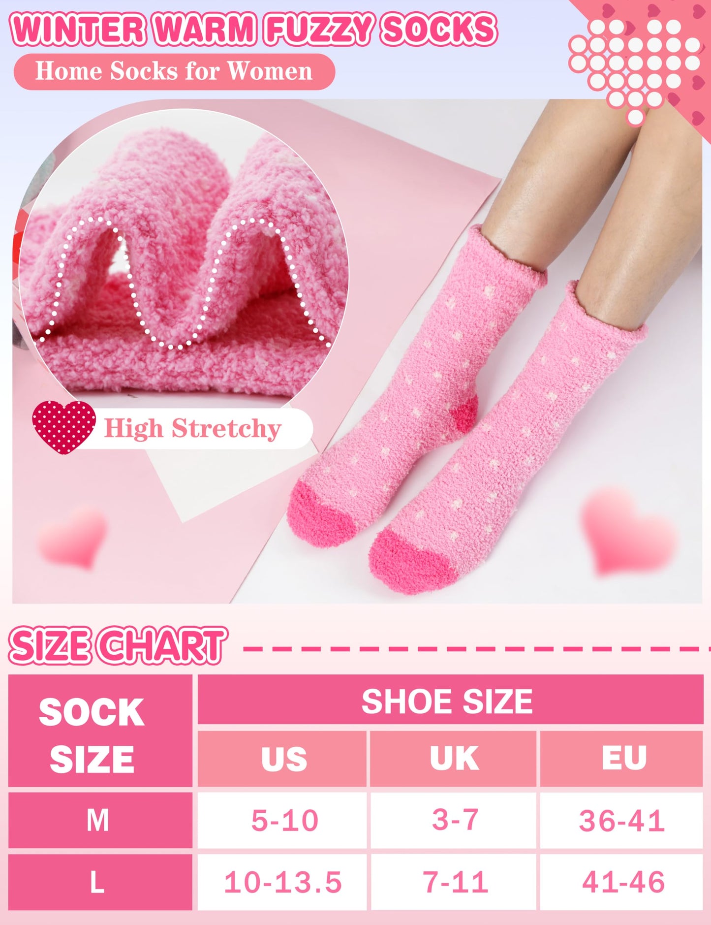 Fuzzy Socks for Women Galentines Day Gifts Fluffy Thick Warm Winter Soft Cozy Plush Fleece Sleep Home Cabin House Pink Heart Stocking Stuffers 5 Pairs(Pink Heart,M)