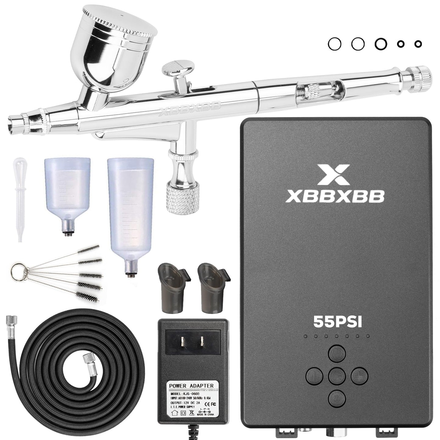 55PSI Airbrush Kit with Compressor, Dual Port & Action - 7-Level Adjustable Pressure Air Brush Set for Model Painting, Nail Art, Shoes & Tattoo, Quiet 0.38mm Gun