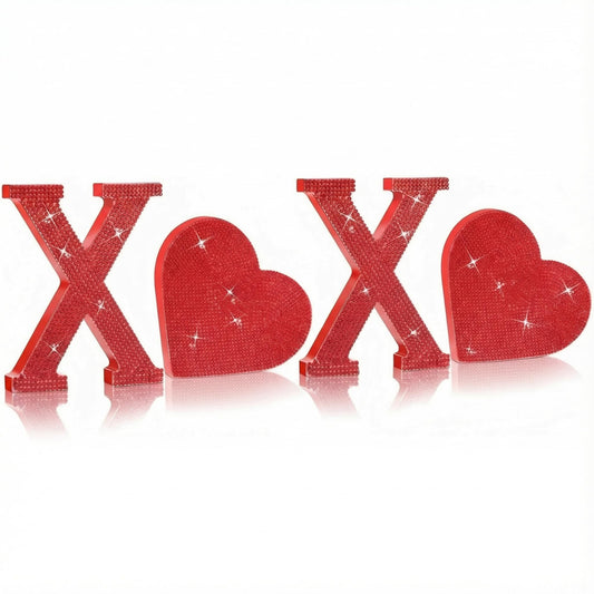 Wood Valentine's Day Table Decorations Freestanding Block Red Cutout Letters with Rhinestone Decor for Valentine's Day Anniversary Wedding Party Favor(Sweet Style)