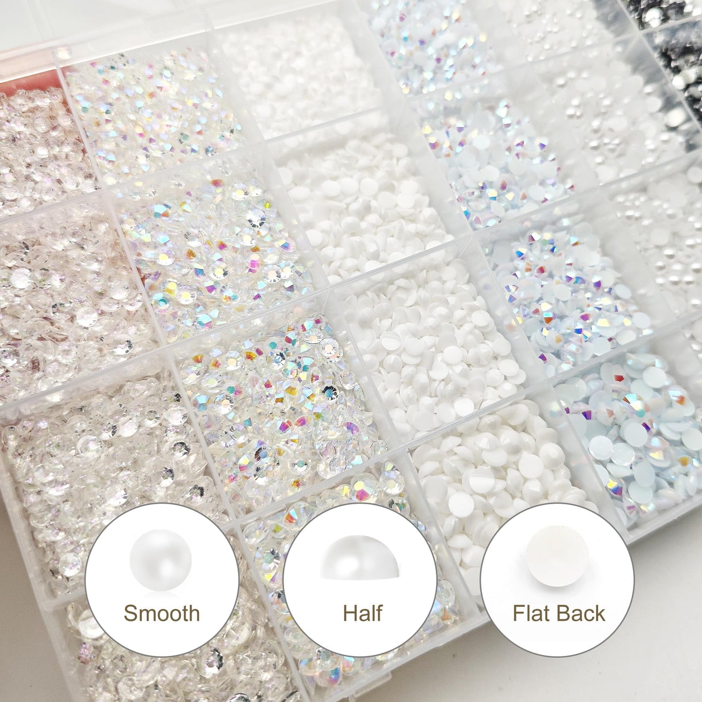 White Rhinestones for Crafting, 3mm 4mm 5mm Resin Rhinestones Bulk and Flat Back Pearls Beads for Clothes, Shoes, Nail Art, Craft Decoration, White Jewels for Bedazzling Gems