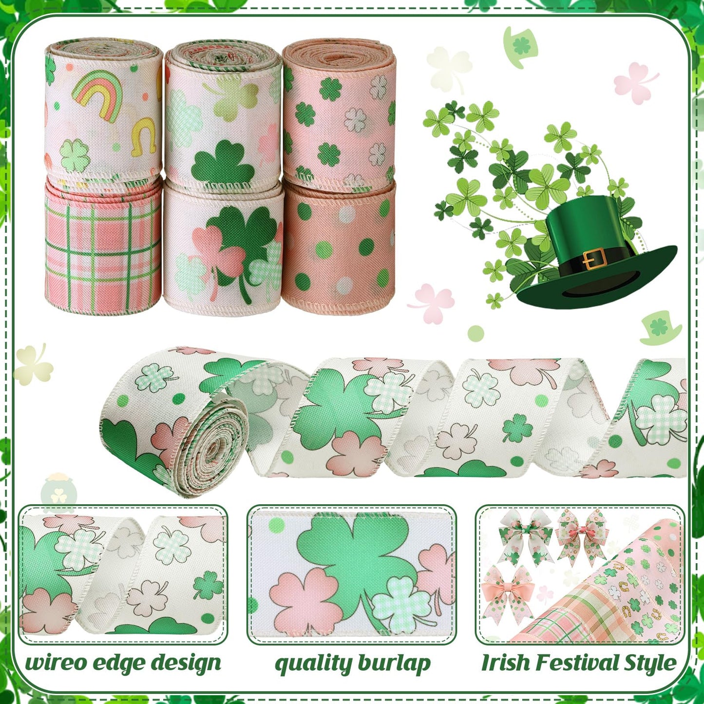 12 Rolls St Patrick's Day Wired Edge Ribbon for Wreaths 2 Inch x 60 Yards Pink Shamrock Lucky Charm Print Grosgrain Ribbon for St Patrick's Day Party Supplies 12 Styles