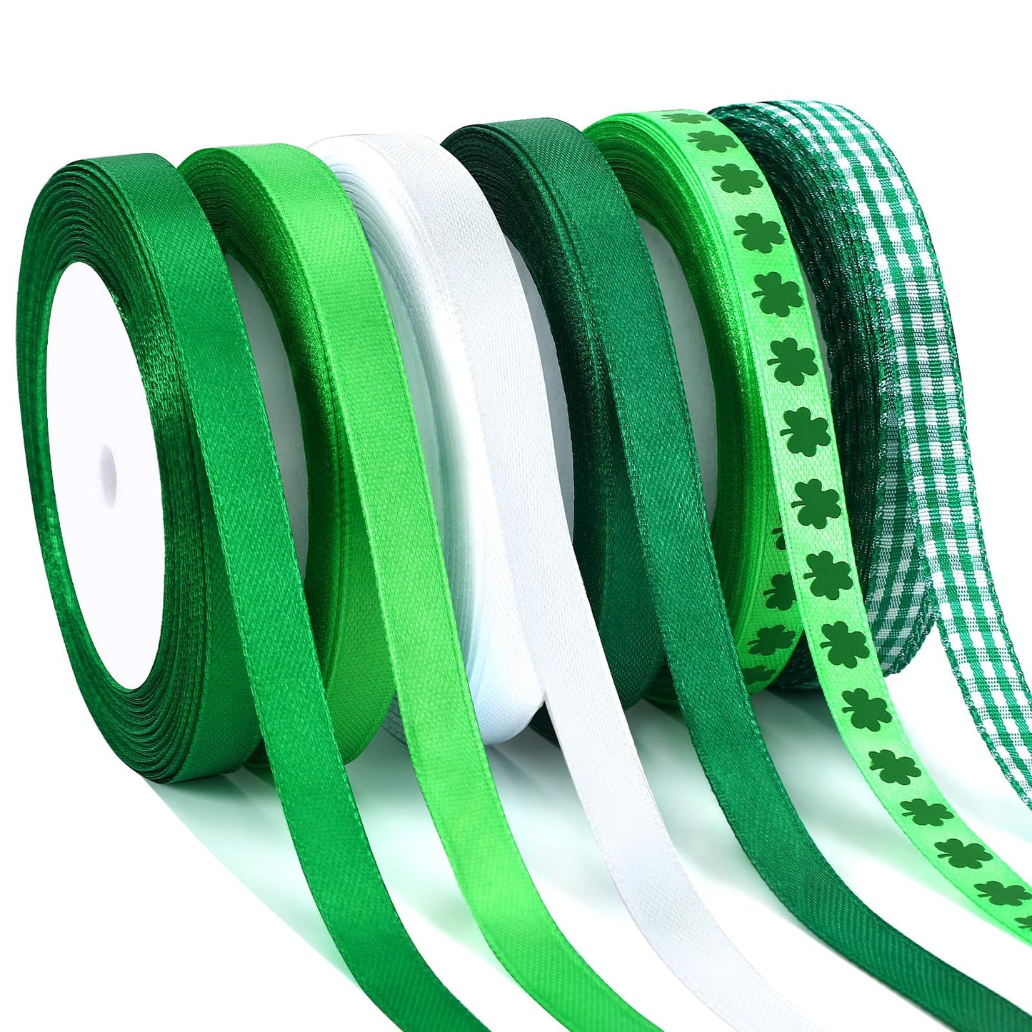 St. Patrick's Day Ribbon, 6 Rolls 150 Yards Green Saint Patrick's Decor Ribbons, 3/8 Inch Polyester Grosgrain for Gift Wrapping, Bow Making, DIY Crafts, Party Decorations