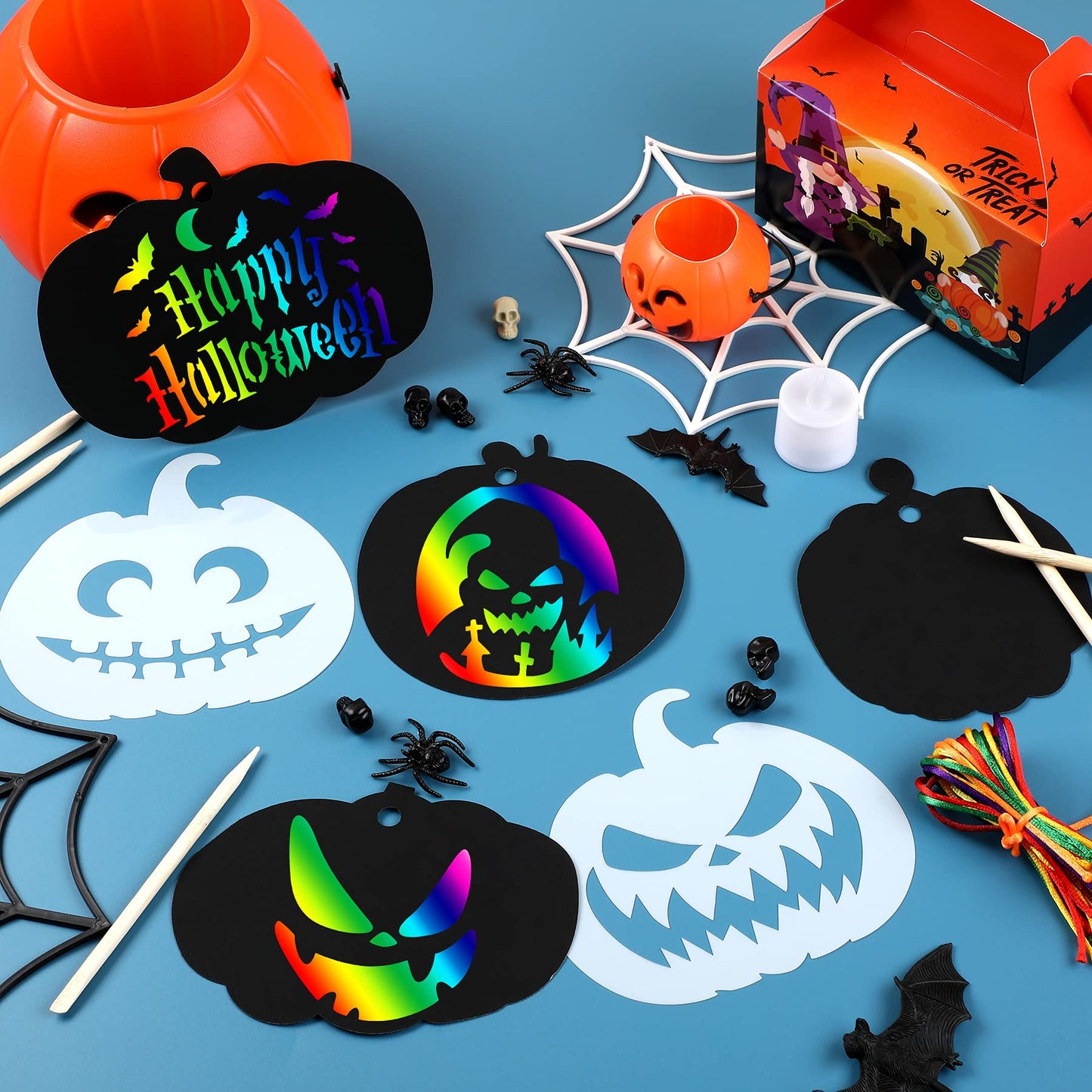 48 Pieces Halloween Scratch Paper Crafts Kit Bulk of Halloween Pumpkins Magic Rainbow Scratch Art for Kids DIY Party Ornaments Halloween Decor with 6 Pcs Halloween Pumpkins Stencils