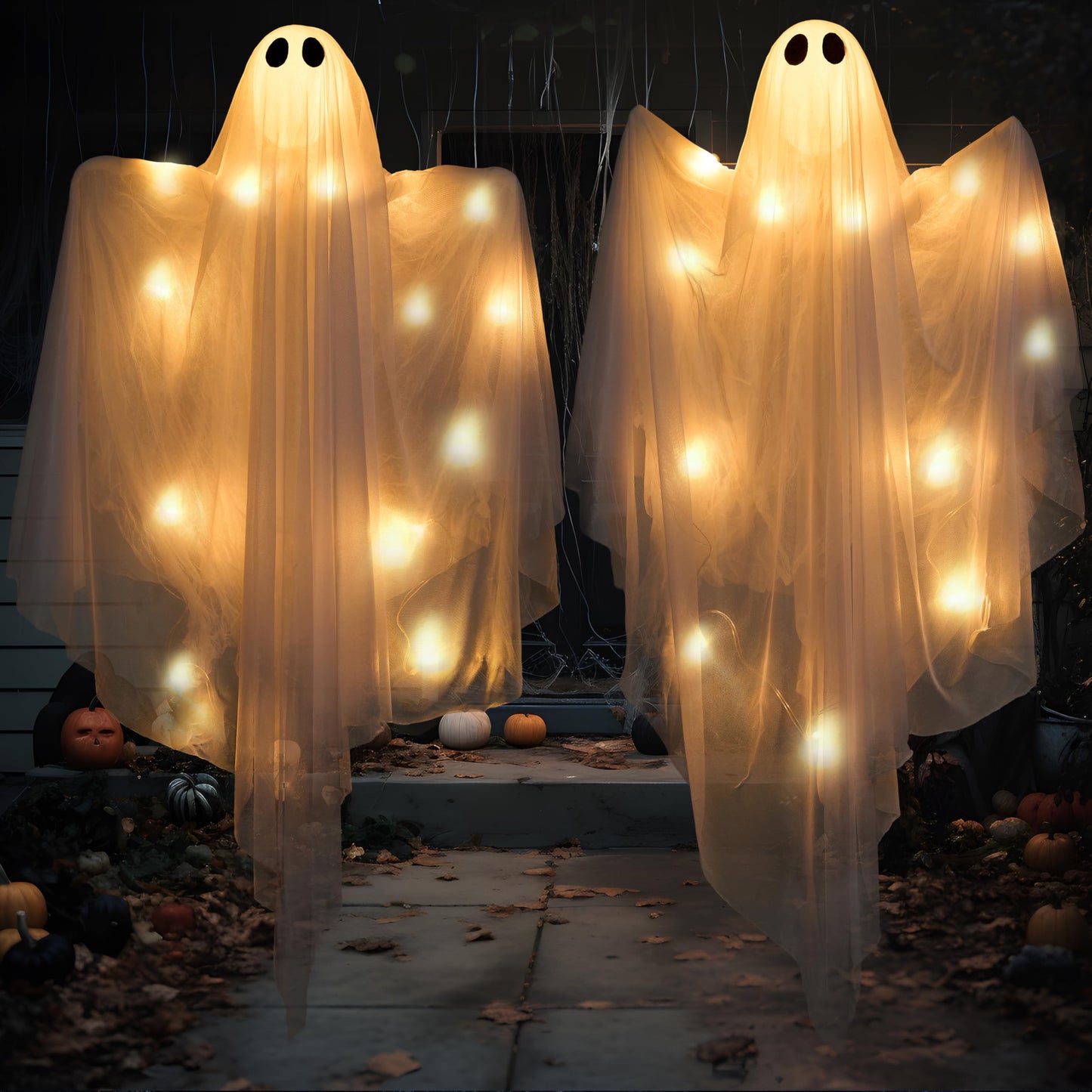JOYIN 2 Pcs 47” Halloween Light up Hanging Ghost Decoration Outdoor with Warm LED Light, Halloween Flying Hanging Ghosts for Haunted House Prop, Front Yard Patio Party Decor Indoor Outdoor